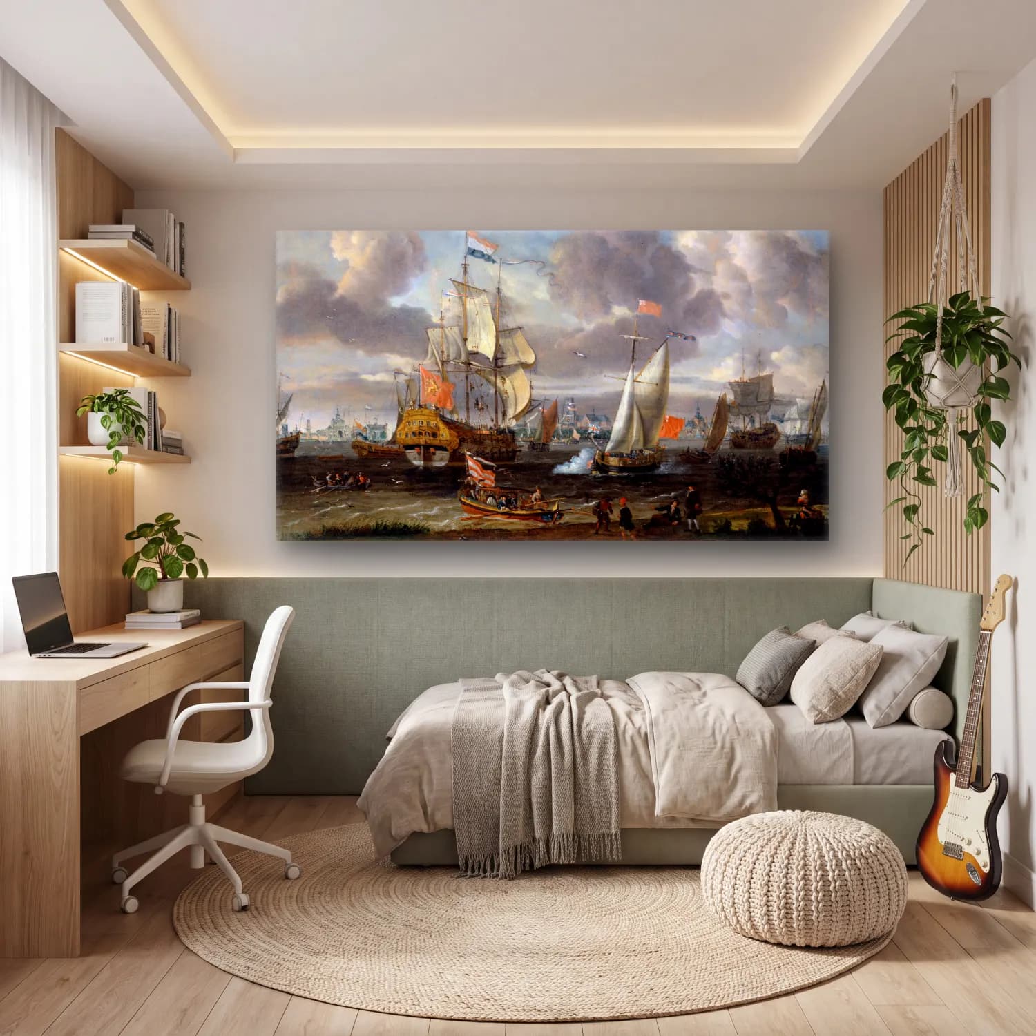 Abraham Storck – An English Yacht saluting a Dutch Man-of-War in the port of… cam tablo — genç odasında