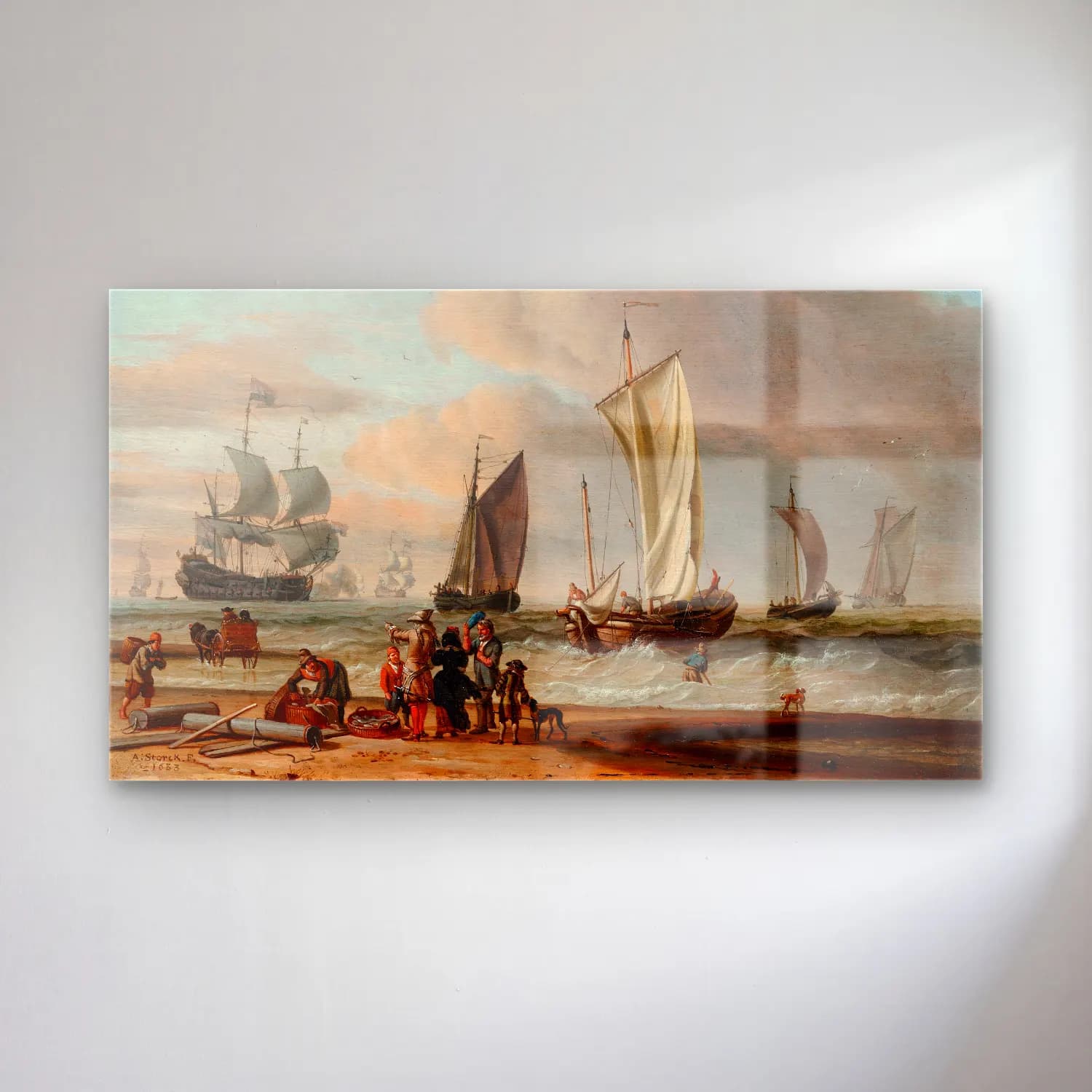Abraham Storck – Beach View cam tablo — Abraham Storck – Beach View — yağlı boya yelkenliler