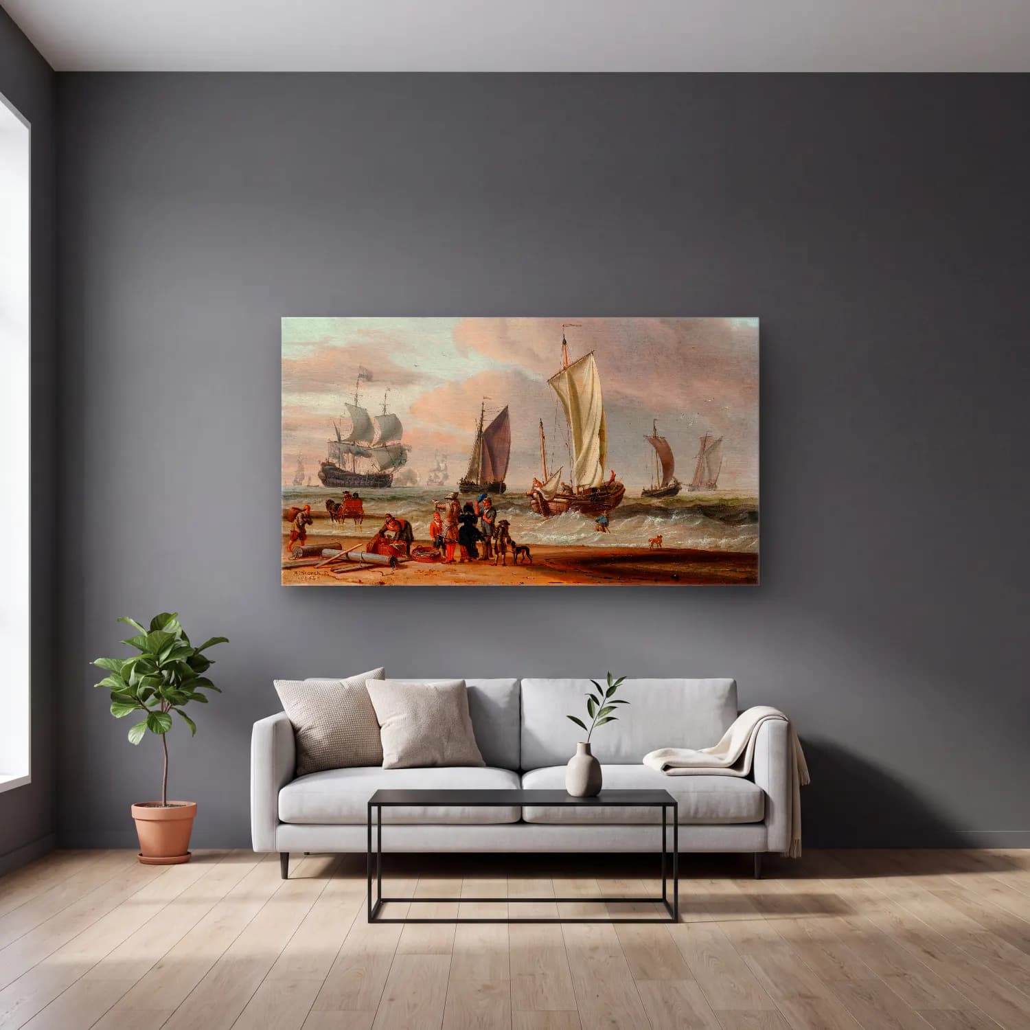 Abraham Storck – Beach View cam tablo — gri duvarlı salonda