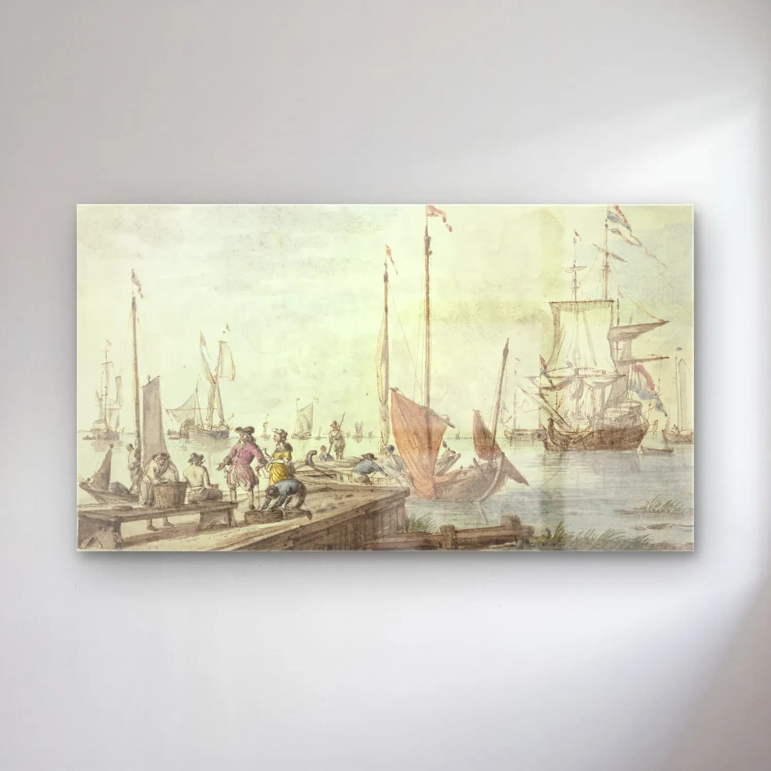 Abraham Storck – Bei einem Holzdamm liegen Boote, ein Handelsherr mit seiner… cam tablo — Abraham Storck – Bei einem Holzdamm liegen Boote, ein Handelsherr mit seiner… — vintage liman ve tekneler