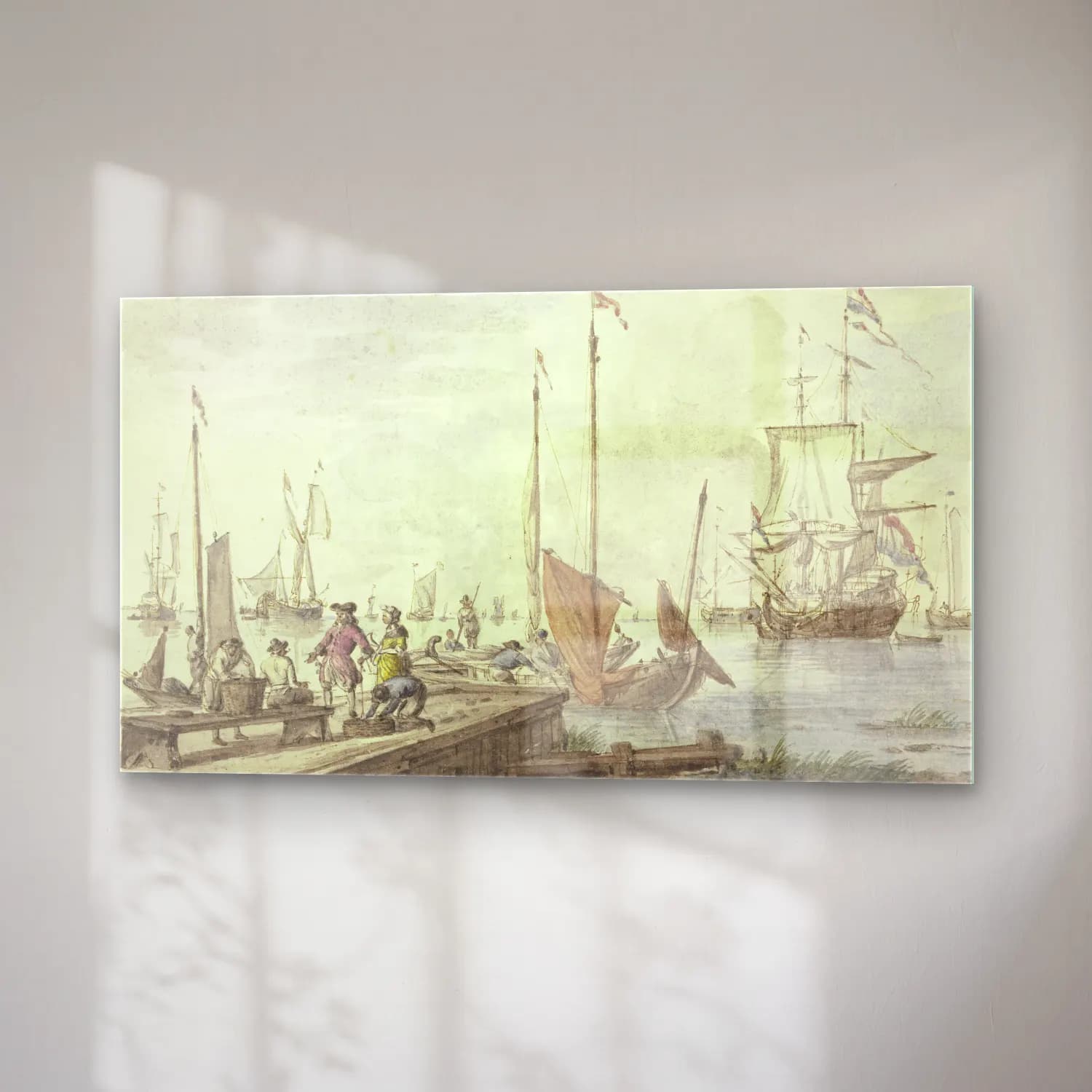 Abraham Storck – Bei einem Holzdamm liegen Boote, ein Handelsherr mit seiner… cam tablo — sağ açıdan görünüm