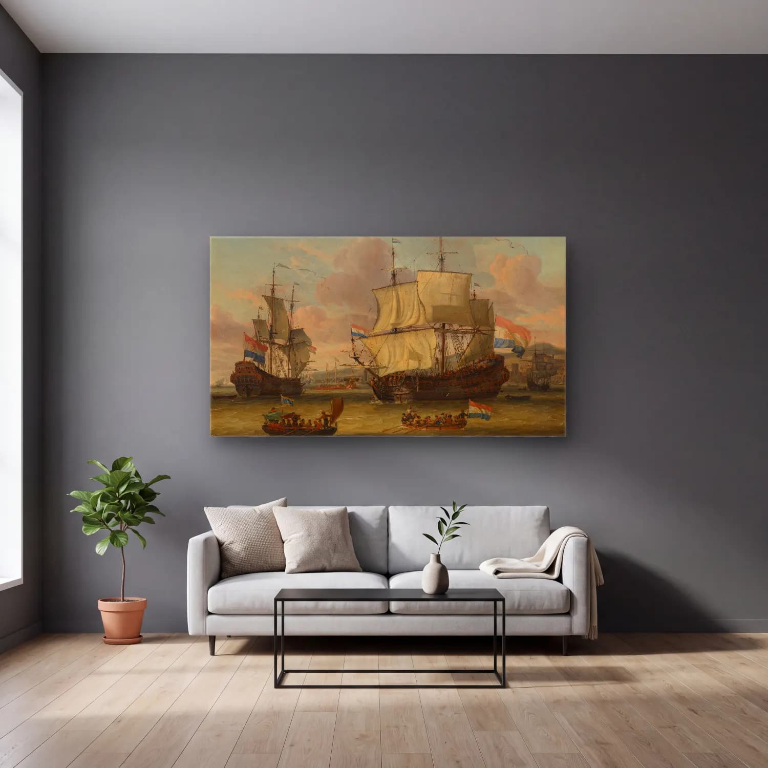 Abraham Storck – Dutch street sailors at a harbor on the Mediterranean cam tablo — gri duvarlı salonda