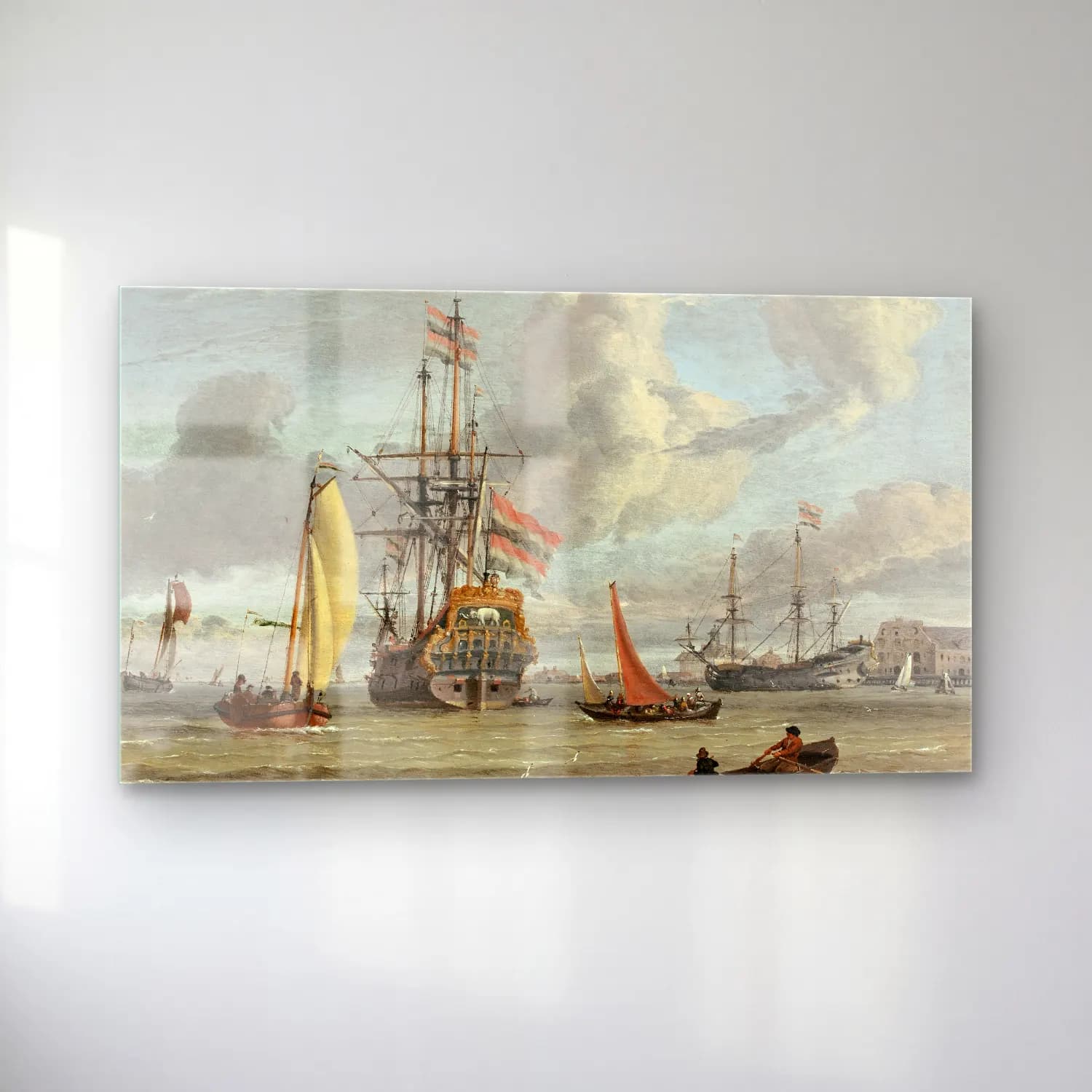 Abraham Storck – Grand navire de la couronne du Danemark près d’un littoral cam tablo — sol açıdan görünüm