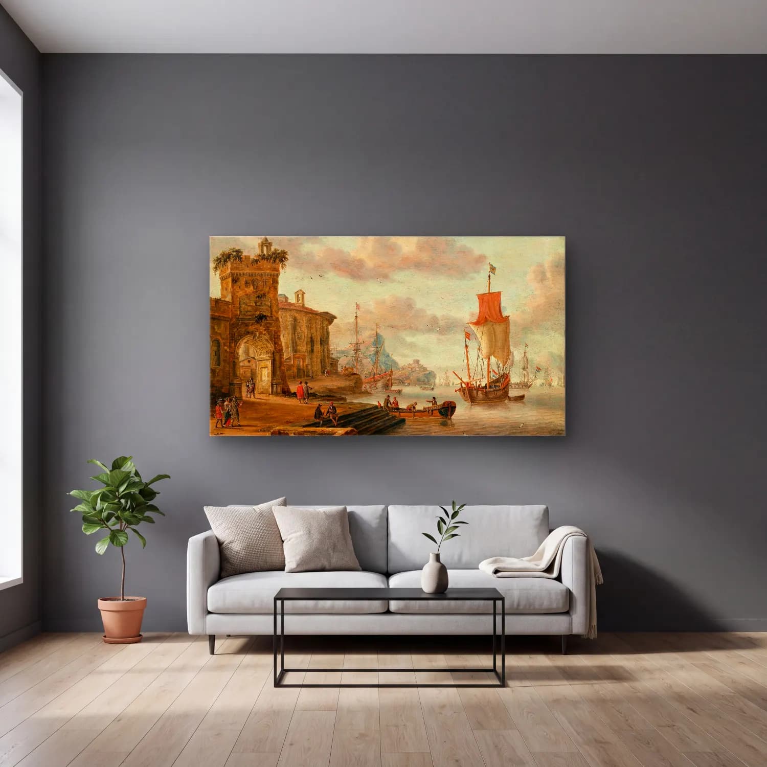 Abraham Storck – Harbour scene with ancient ruins cam tablo — gri duvarlı salonda