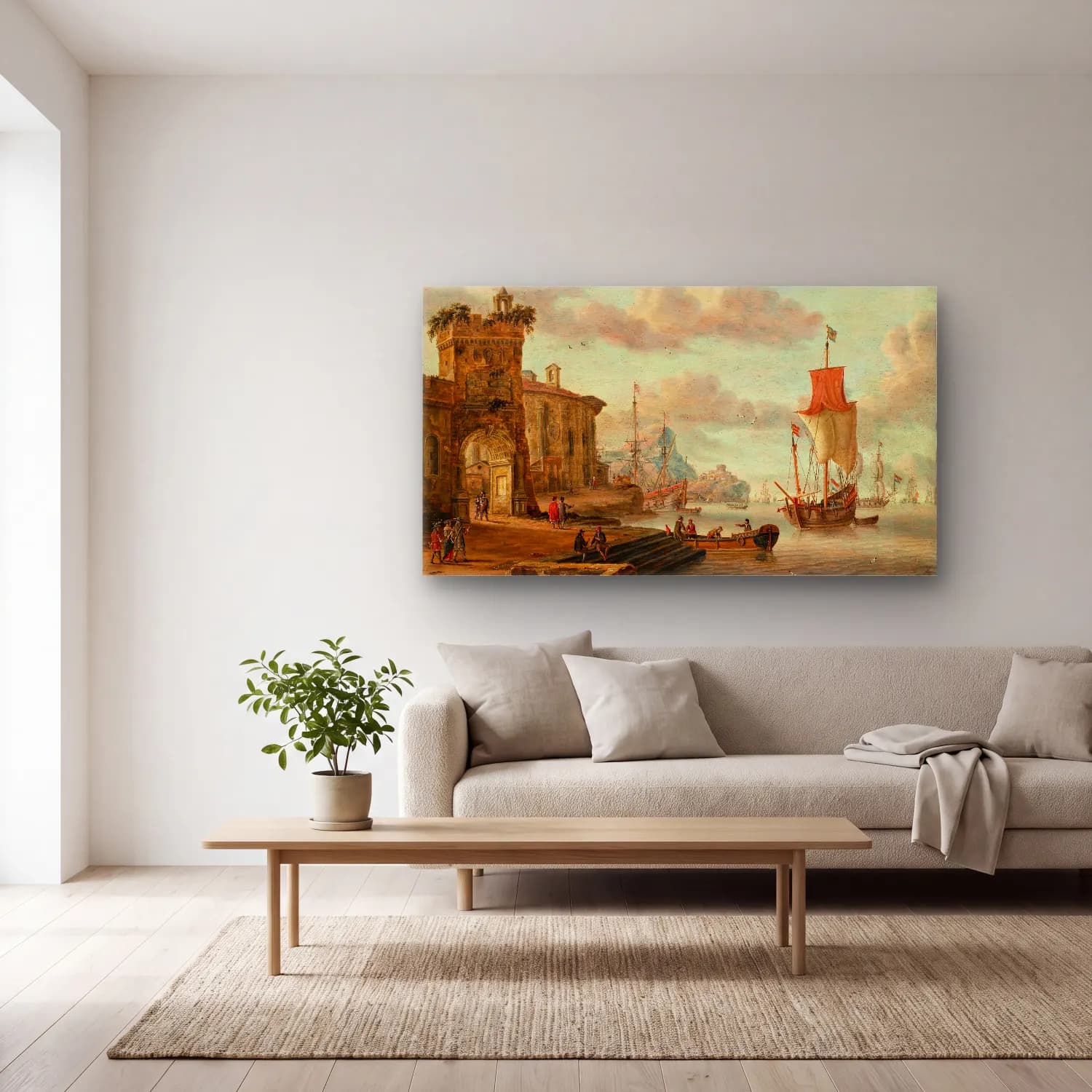 Abraham Storck – Harbour scene with ancient ruins cam tablo — açık renk salonda