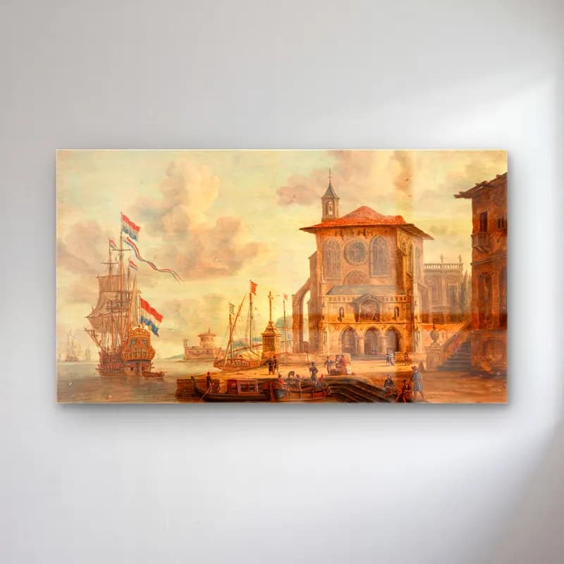 Abraham Storck – Harbour scene with medieval building cam tablo — Abraham Storck – Harbour scene with medieval building — yağlı boya liman ve tekneler