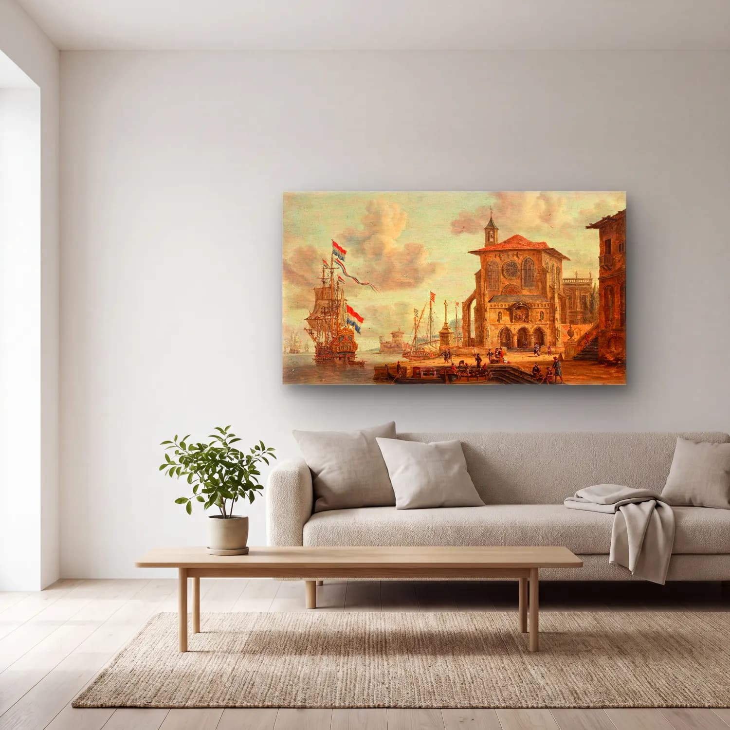 Abraham Storck – Harbour scene with medieval building cam tablo — açık renk salonda