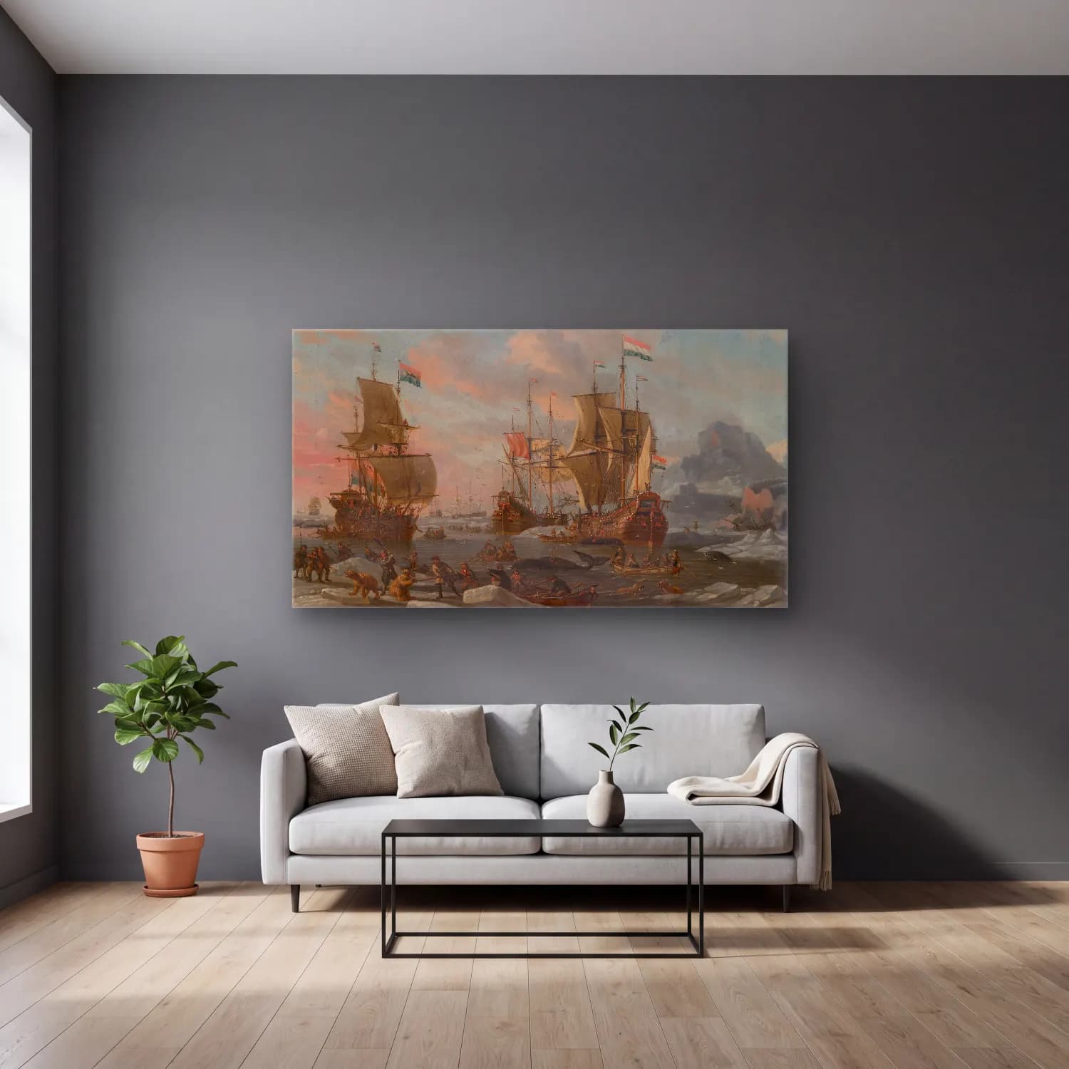 Abraham Storck – The Dutch Whaling Fleet cam tablo — gri duvarlı salonda
