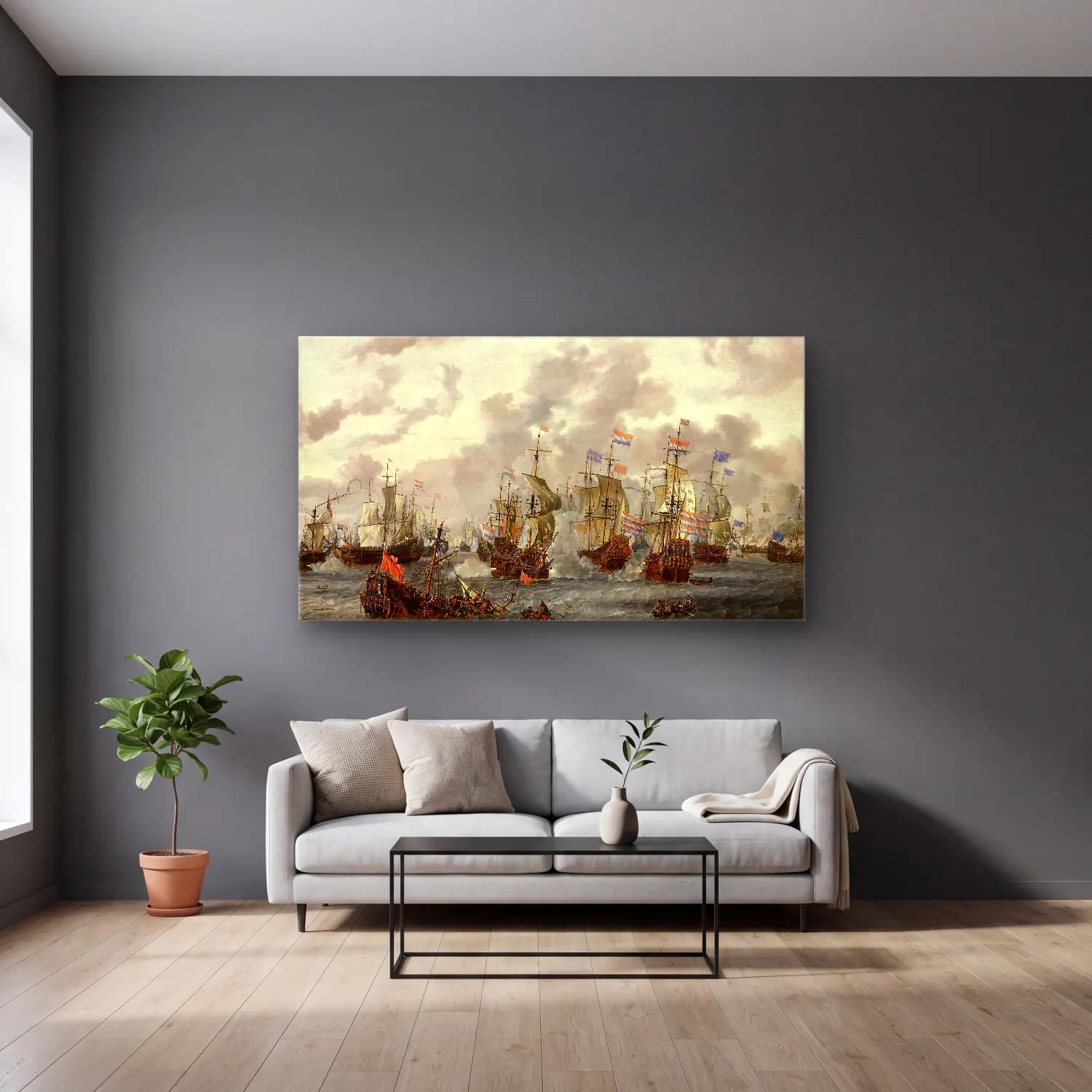 Abraham Storck – The Four Days’ Battle cam tablo — gri duvarlı salonda
