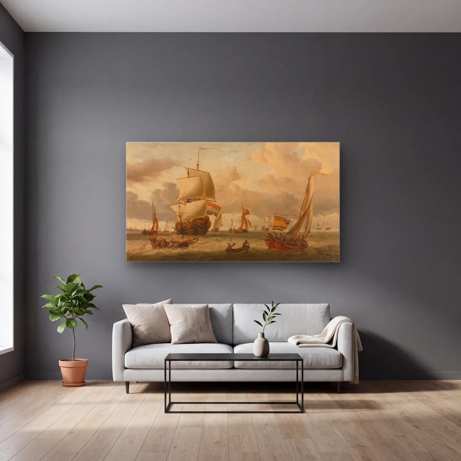 Abraham Storck – The Roads of Enkhuizen cam tablo — gri duvarlı salonda