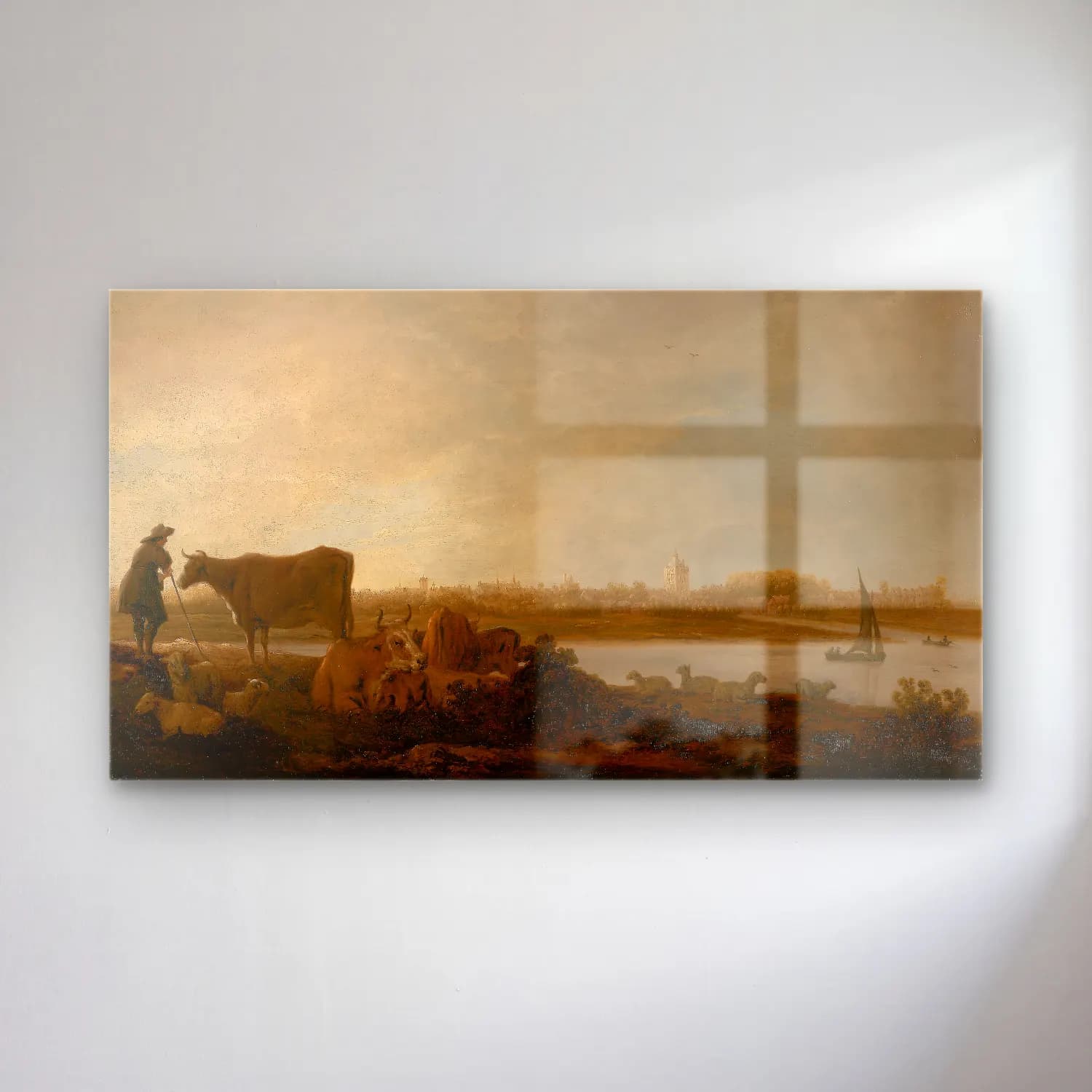 Aelbert Cuyp – A View of Vianen with a Herdsman and Cattle by a River cam tablo — Aelbert Cuyp – A View of Vianen with a Herdsman and Cattle by a River — yağlı boya kırda nehir