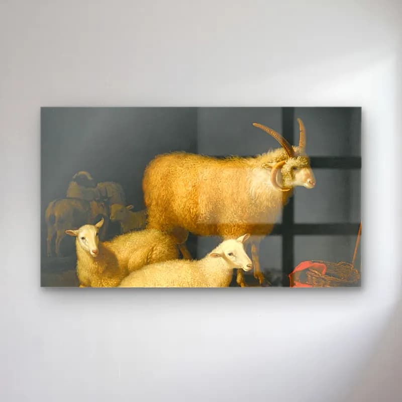 Aelbert Cuyp – A barn interior with a four-horned ram and four ewes, and a… cam tablo — Aelbert Cuyp – A barn interior with a four-horned ram and four ewes, and a… — yağlı boya koyun