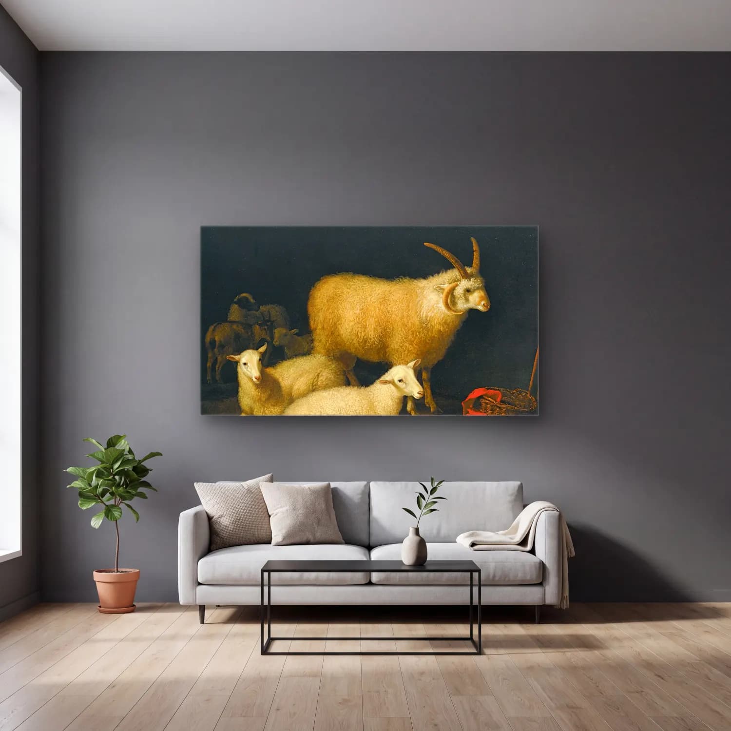 Aelbert Cuyp – A barn interior with a four-horned ram and four ewes, and a… cam tablo — gri duvarlı salonda
