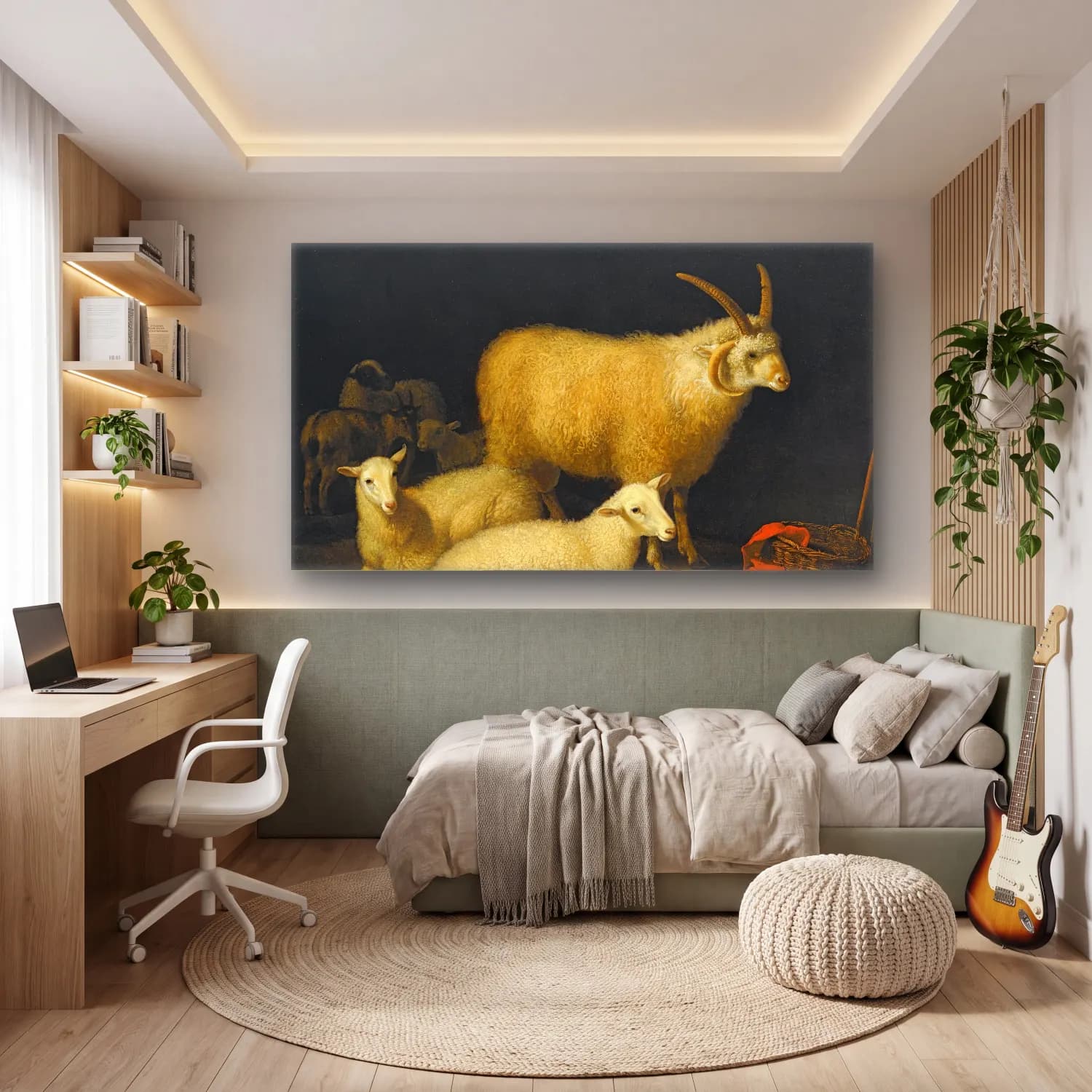Aelbert Cuyp – A barn interior with a four-horned ram and four ewes, and a… cam tablo — genç odasında