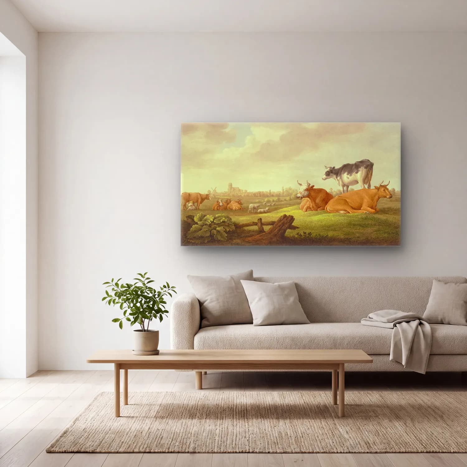 Aelbert Cuyp – Auf einer Wiese Kühe und Schafe, in der Ferne eine Stadt,… cam tablo — açık renk salonda