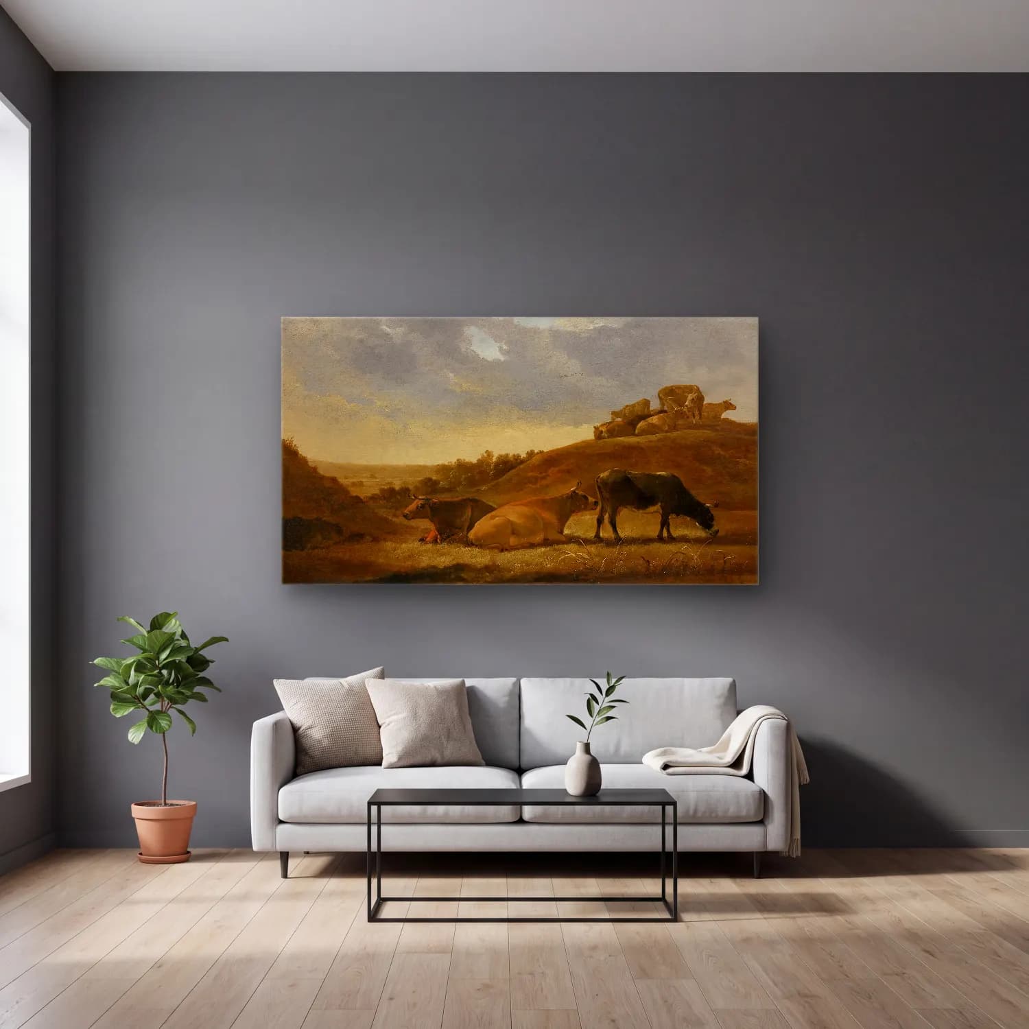 Aelbert Cuyp – Cattle in a Dutch Arcadian Landscape cam tablo — gri duvarlı salonda