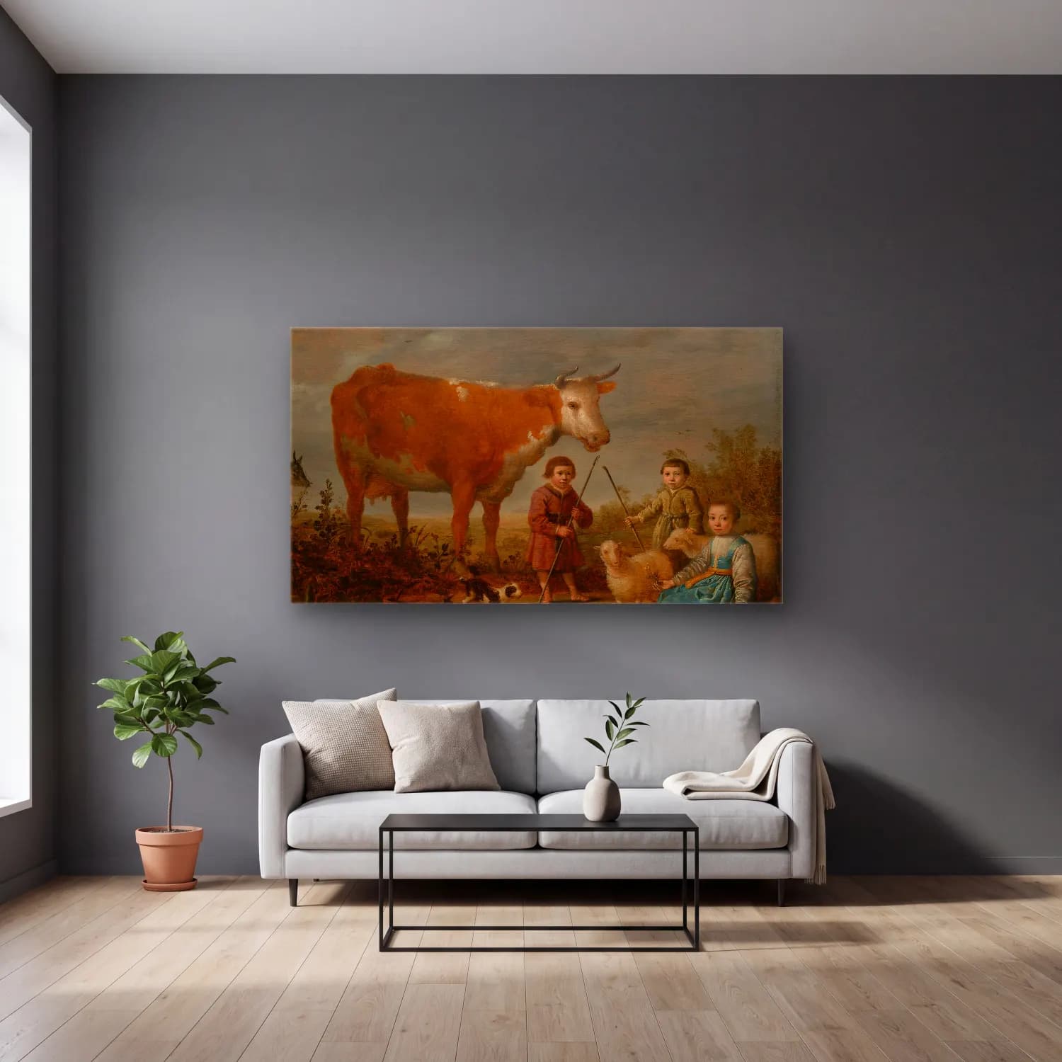 Aelbert Cuyp – Children and a Cow cam tablo — gri duvarlı salonda