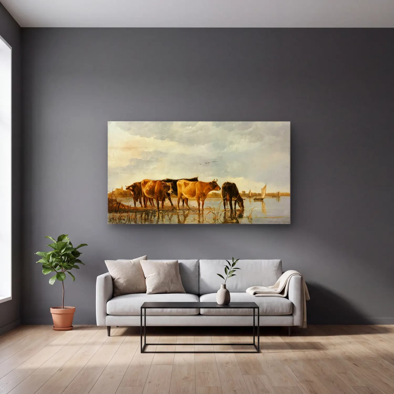 Aelbert Cuyp – Cows in a River cam tablo — gri duvarlı salonda