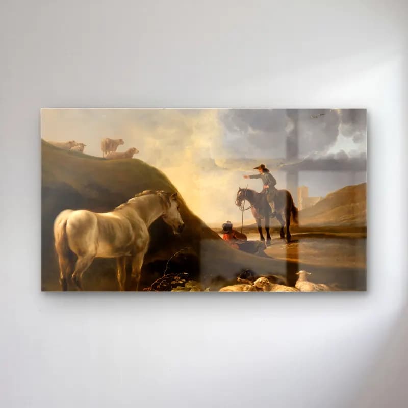 Aelbert Cuyp – Dünenlandschaft mit Grauschimmel (ca 1650) cam tablo — Aelbert Cuyp – Dünenlandschaft mit Grauschimmel (ca 1650) — yağlı boya atlı