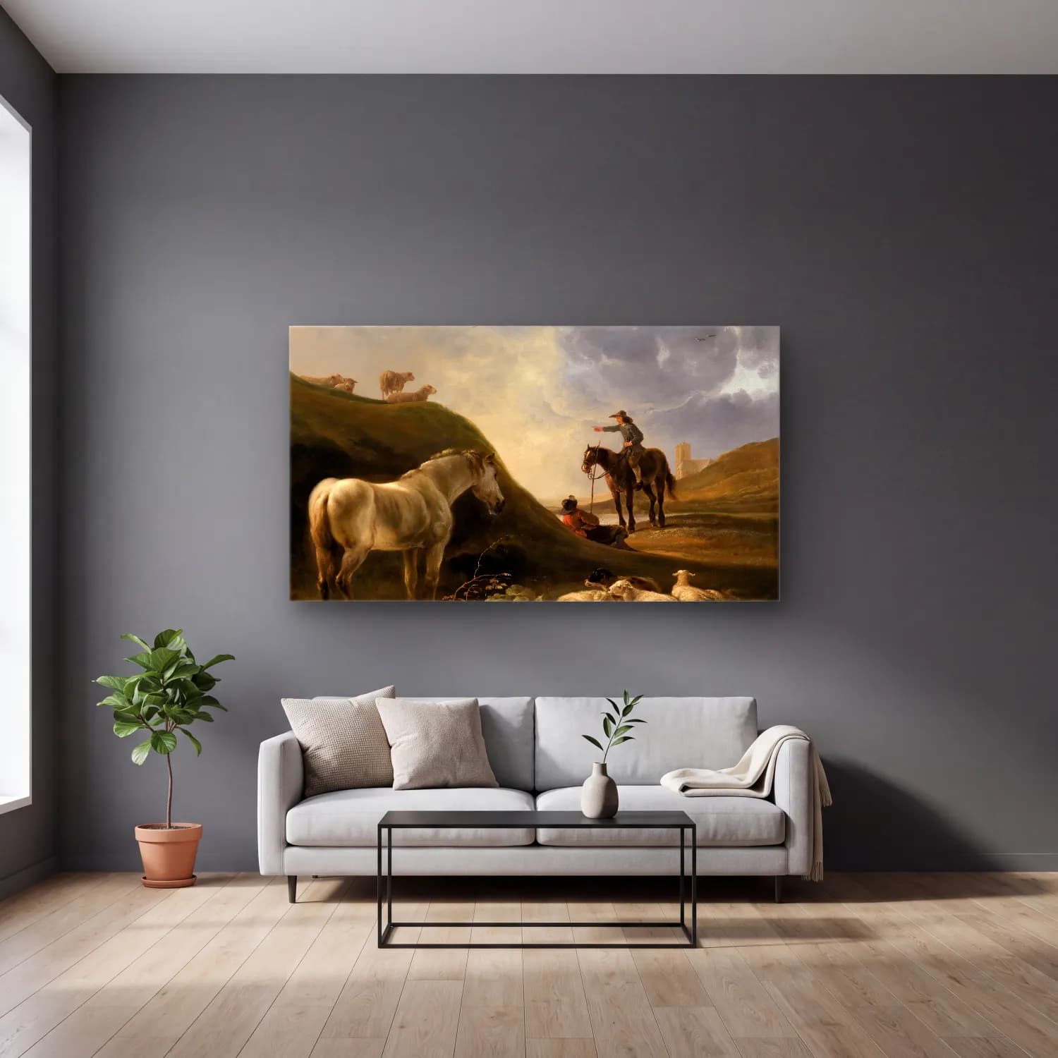 Aelbert Cuyp – Dünenlandschaft mit Grauschimmel (ca 1650) cam tablo — gri duvarlı salonda