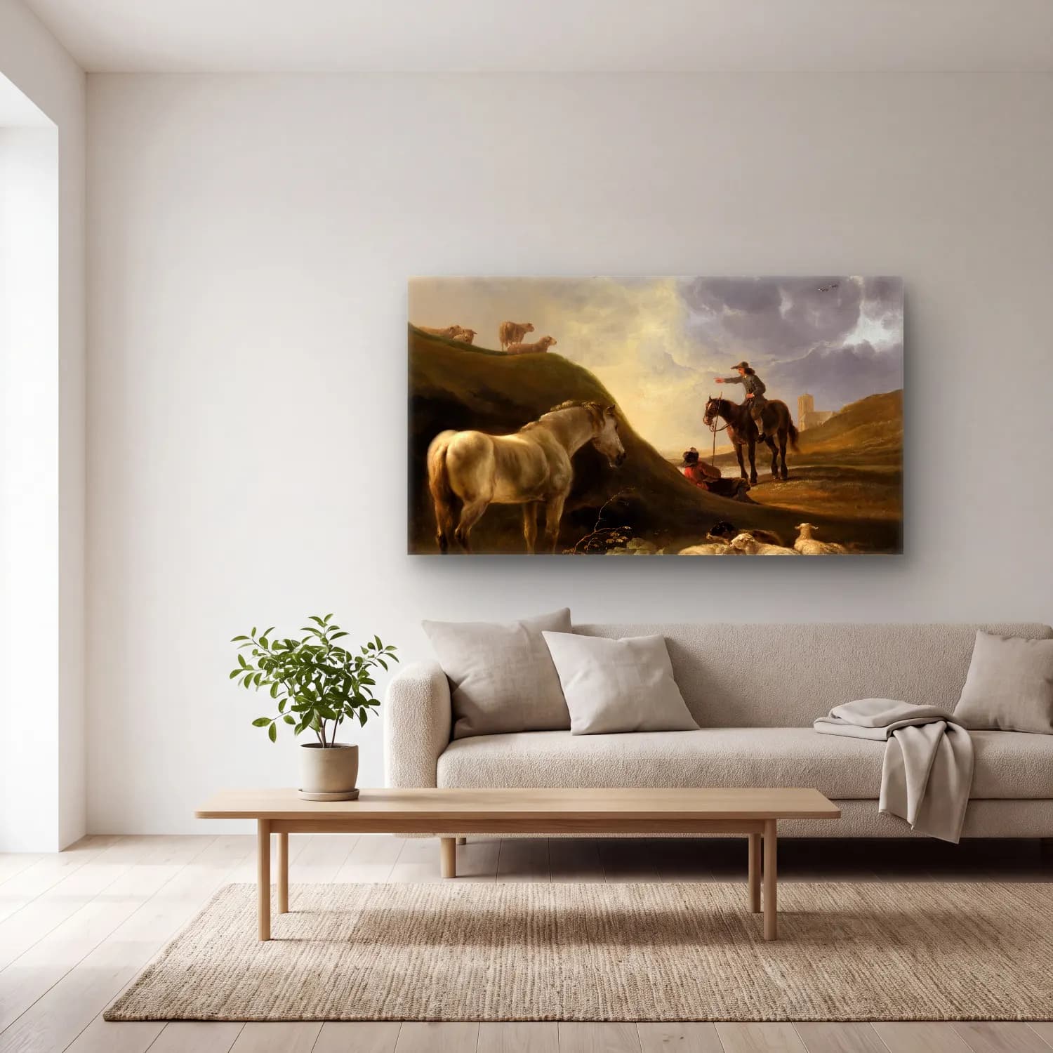Aelbert Cuyp – Dünenlandschaft mit Grauschimmel (ca 1650) cam tablo — açık renk salonda
