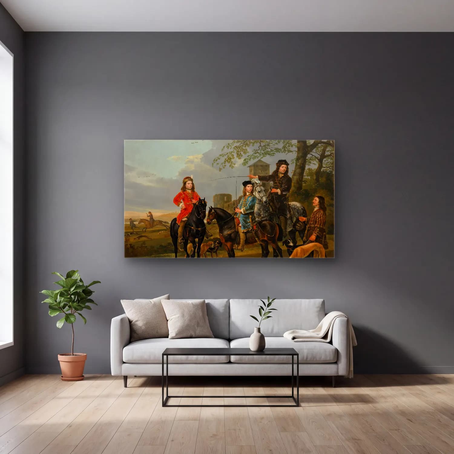 Aelbert Cuyp – Equestrian Portrait of Cornelis and Michiel Pompe van… cam tablo — gri duvarlı salonda