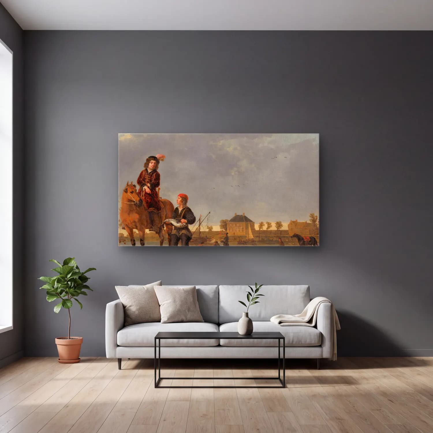 Aelbert Cuyp – Equestrian Portrait of Pieter de Roovere cam tablo — gri duvarlı salonda