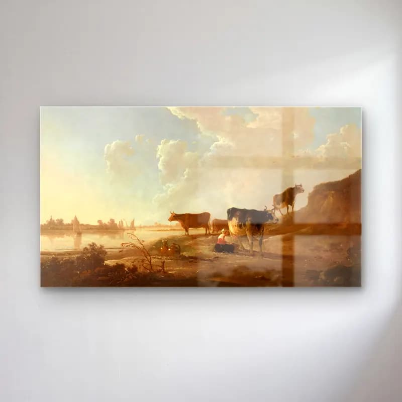Aelbert Cuyp – Flusslandschaft mit melkender Frau (ca 1646) cam tablo — Aelbert Cuyp – Flusslandschaft mit melkender Frau (ca 1646) — yağlı boya i̇nek