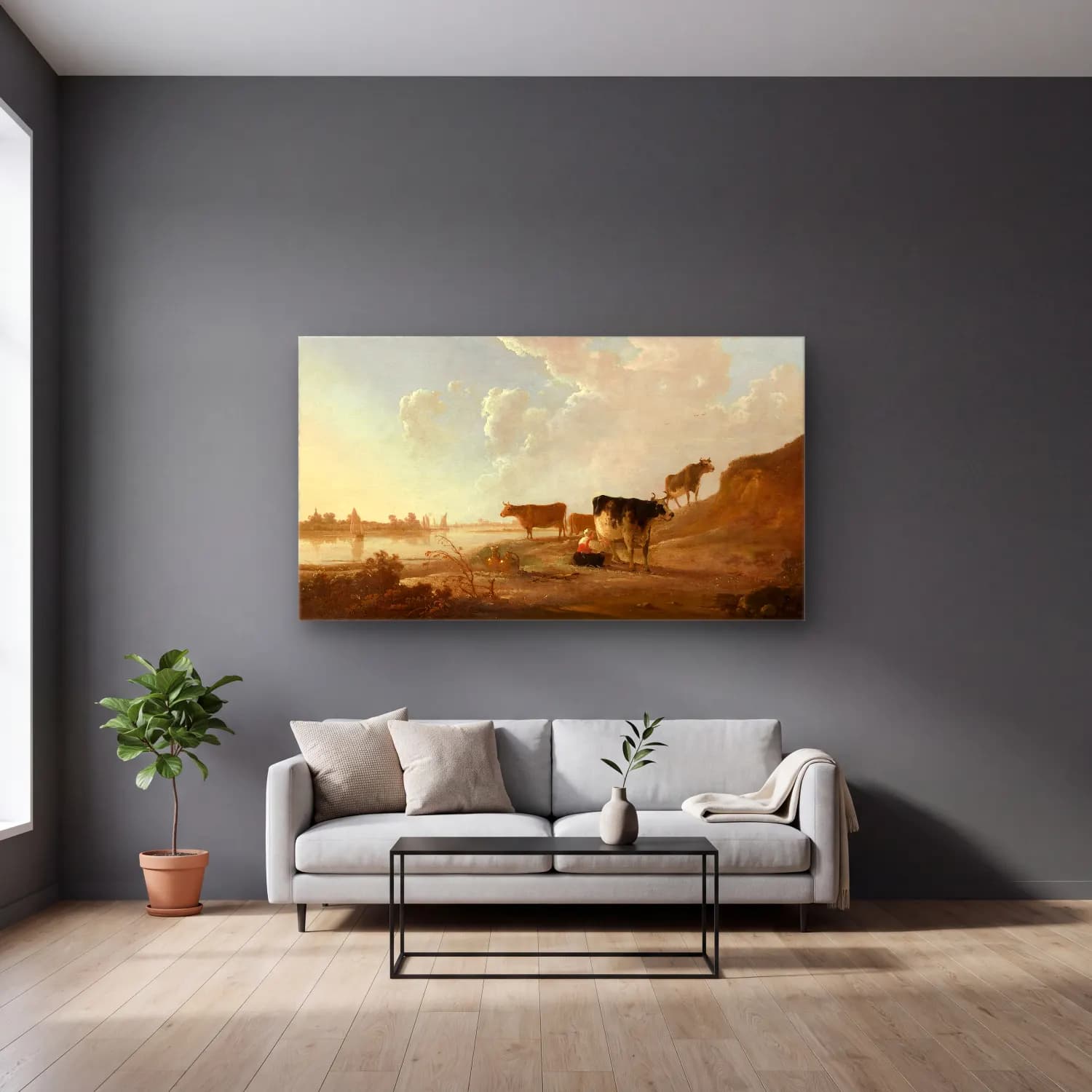 Aelbert Cuyp – Flusslandschaft mit melkender Frau (ca 1646) cam tablo — gri duvarlı salonda