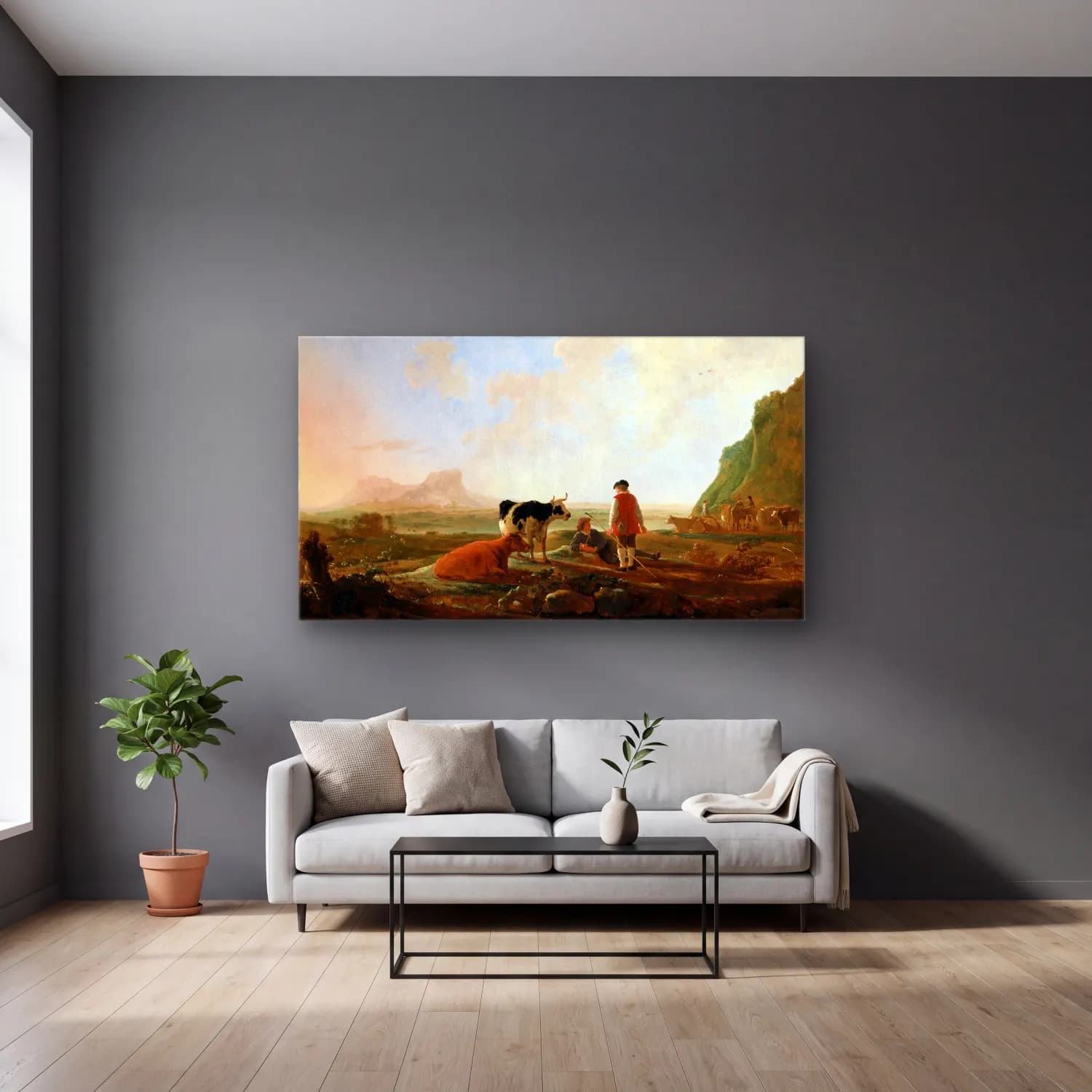 Aelbert Cuyp – Herdsmen with Cows cam tablo — gri duvarlı salonda