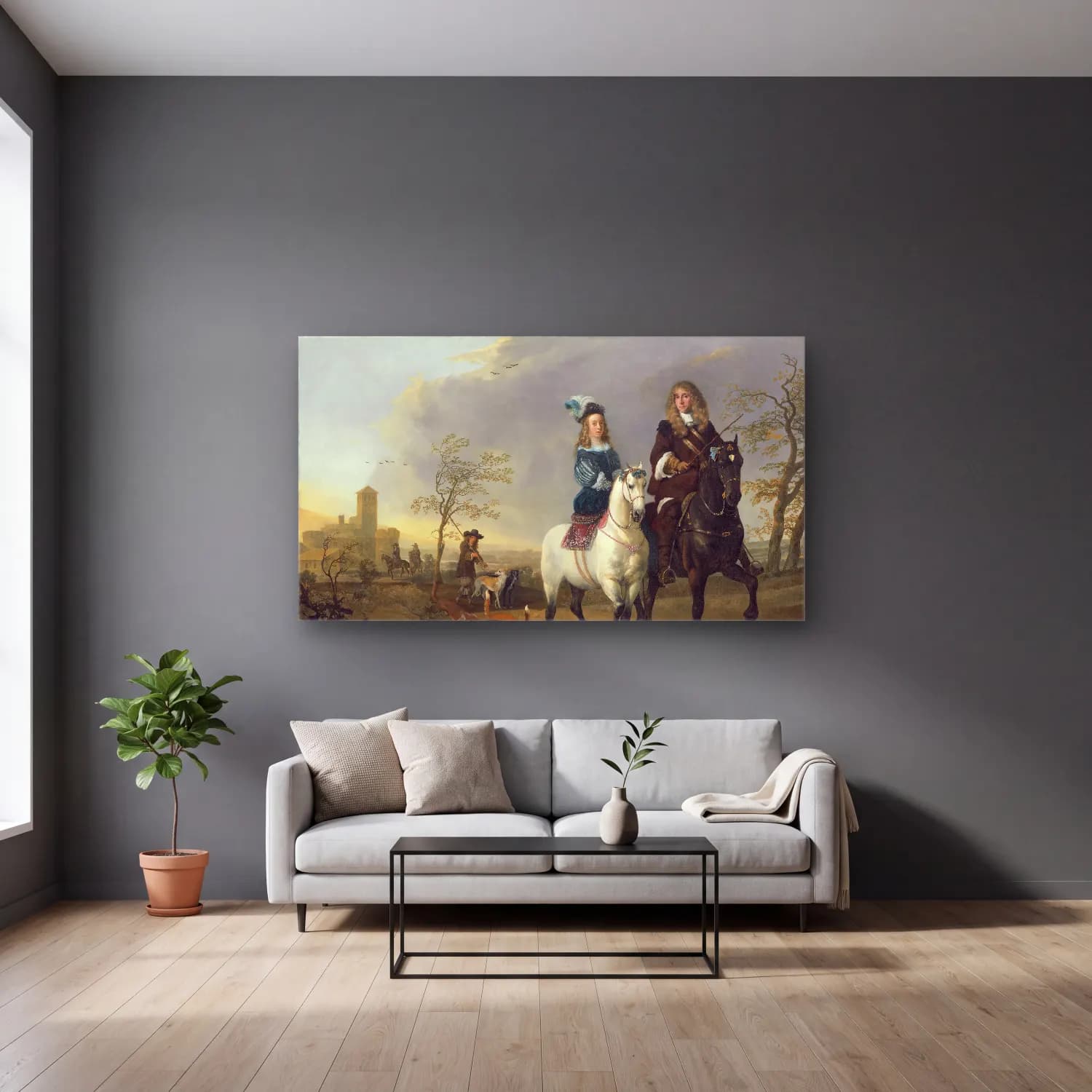 Aelbert Cuyp – Lady and Gentleman on Horseback cam tablo — gri duvarlı salonda