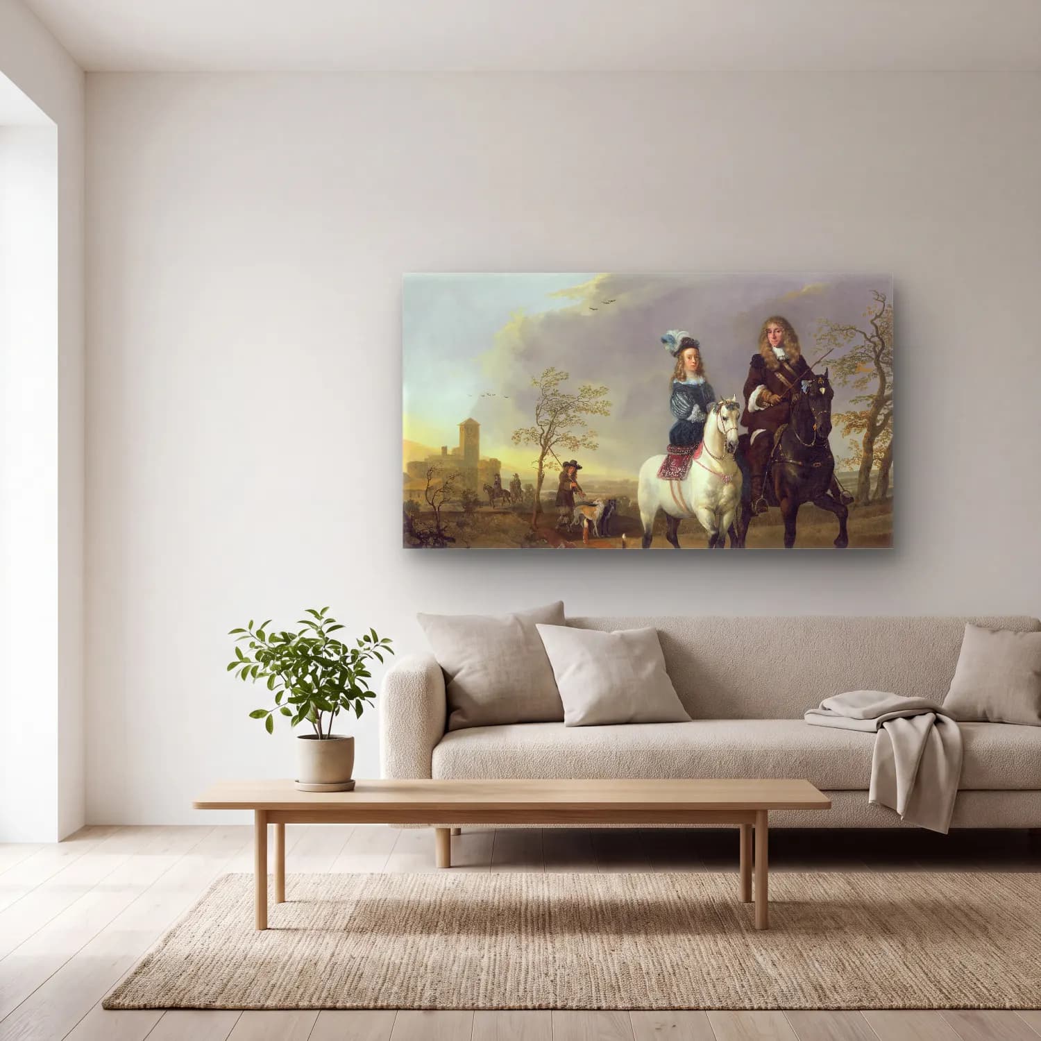 Aelbert Cuyp – Lady and Gentleman on Horseback cam tablo — açık renk salonda