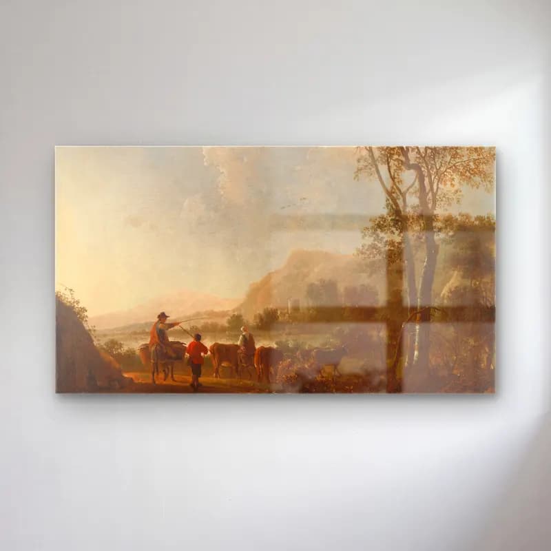 Aelbert Cuyp – Landscape with Herdsmen and Cattle cam tablo — Aelbert Cuyp – Landscape with Herdsmen and Cattle — yağlı boya dağ manzarası