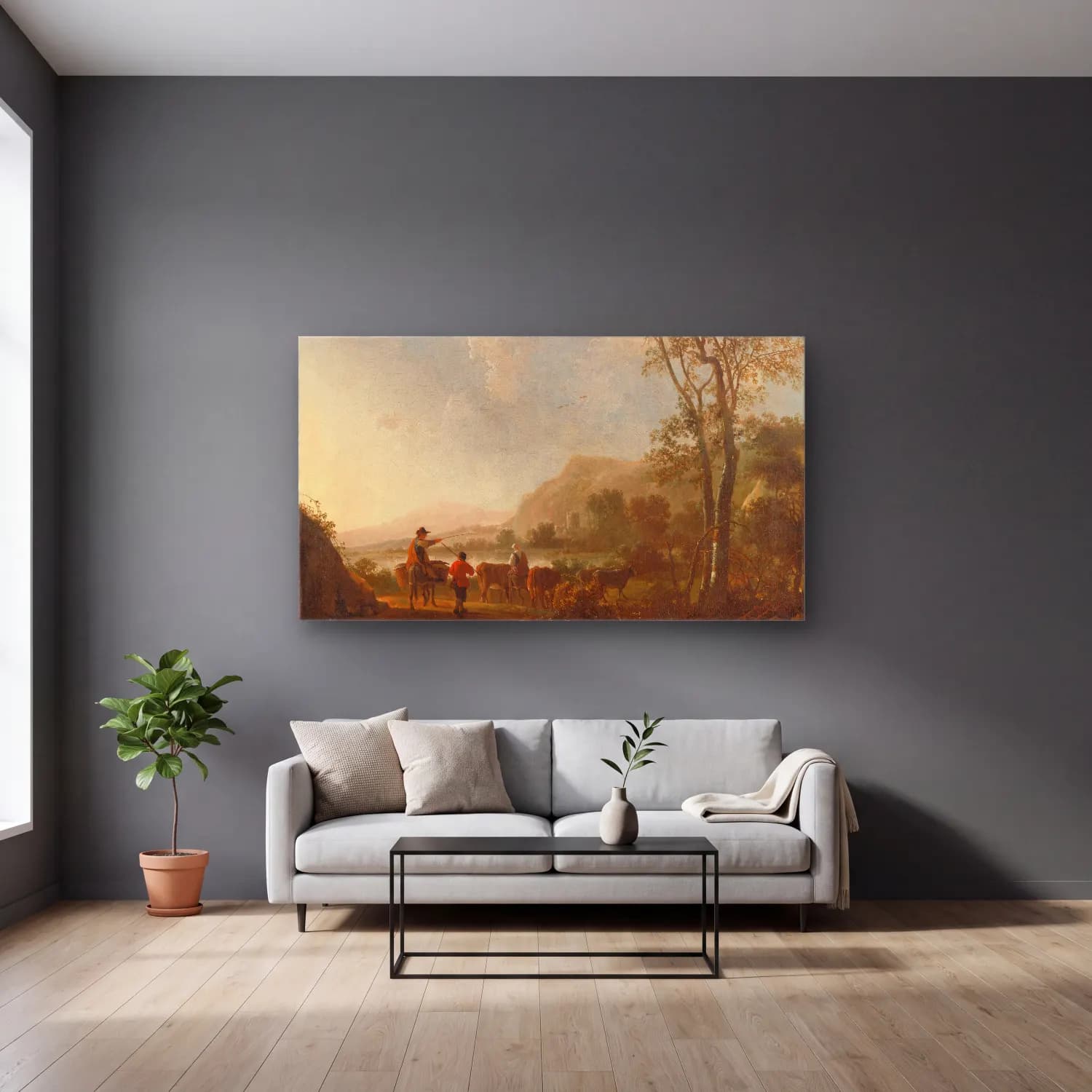 Aelbert Cuyp – Landscape with Herdsmen and Cattle cam tablo — gri duvarlı salonda