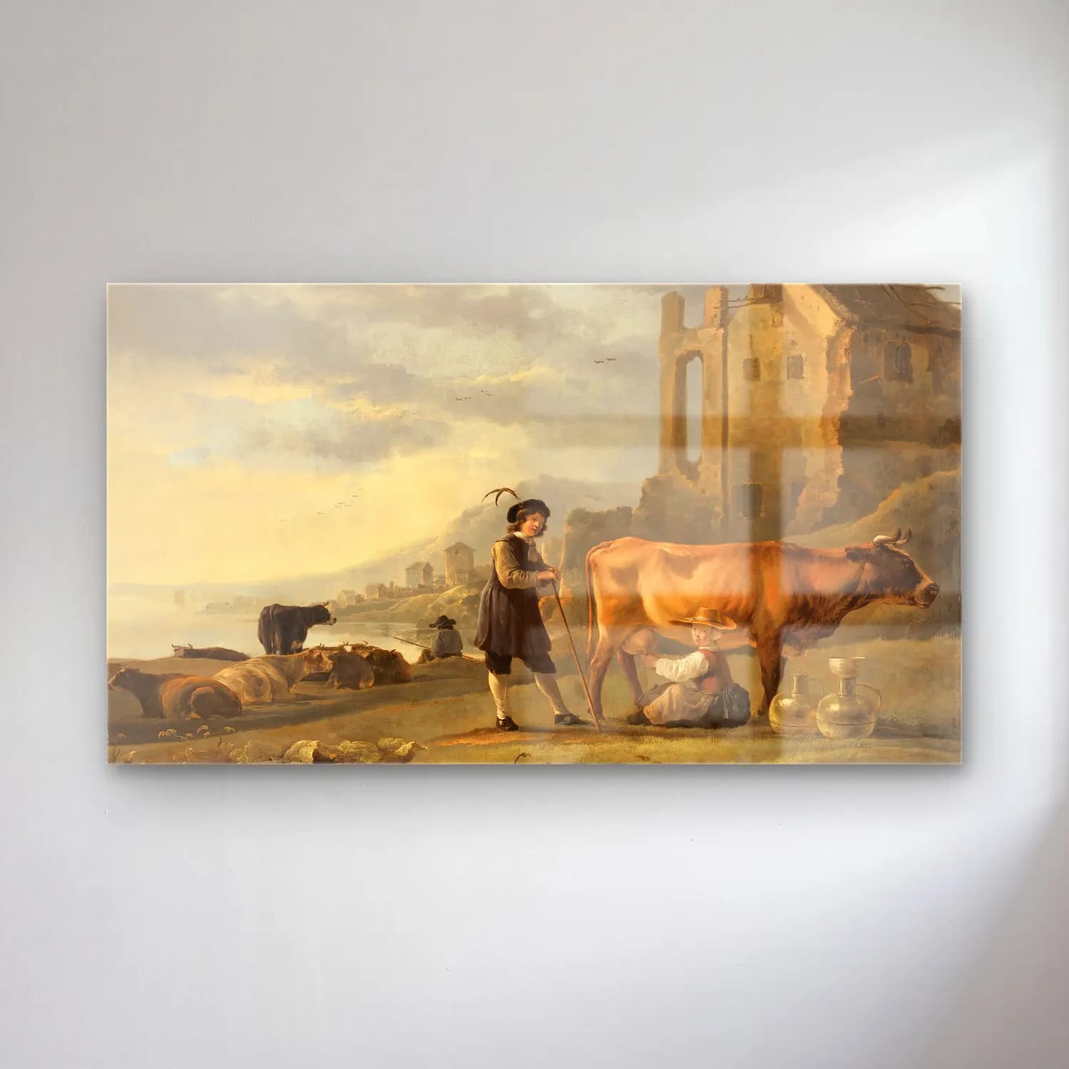 Aelbert Cuyp – Landscape with Maid Milking a Cow (ca. 1655) cam tablo — Aelbert Cuyp – Landscape with Maid Milking a Cow (ca. 1655) — yağlı boya i̇nek