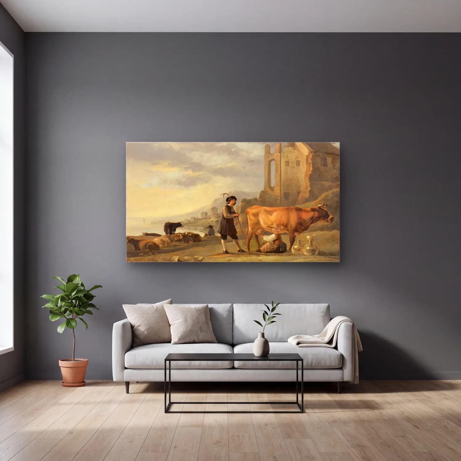 Aelbert Cuyp – Landscape with Maid Milking a Cow (ca. 1655) cam tablo — gri duvarlı salonda