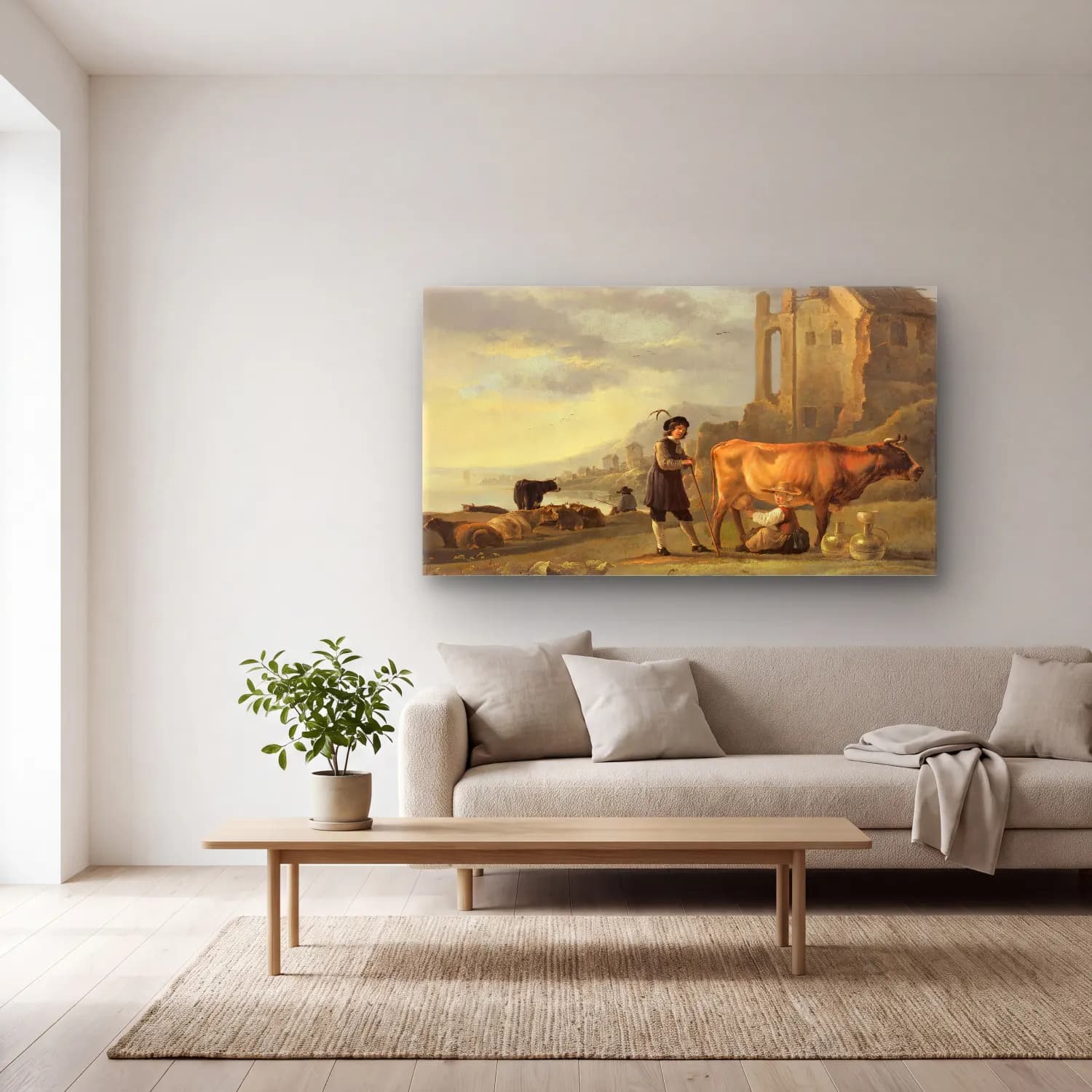 Aelbert Cuyp – Landscape with Maid Milking a Cow (ca. 1655) cam tablo — açık renk salonda