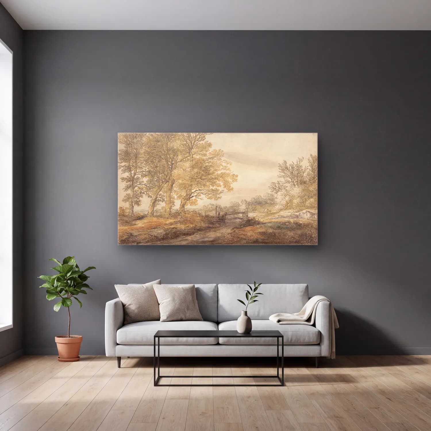 Aelbert Cuyp – Landscape with Trees cam tablo — gri duvarlı salonda