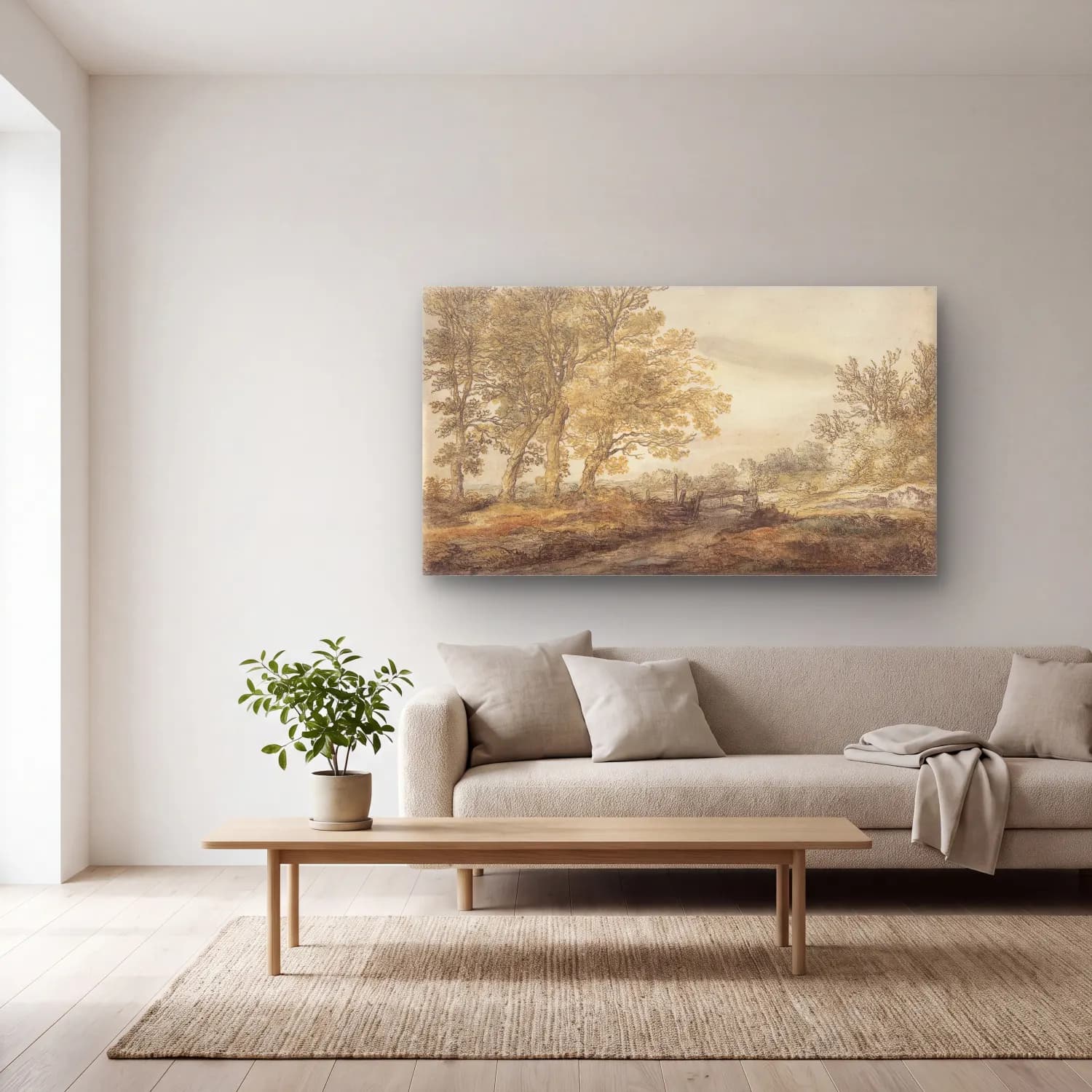 Aelbert Cuyp – Landscape with Trees cam tablo — açık renk salonda