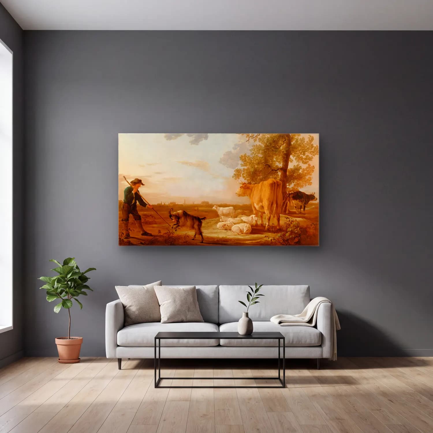 Aelbert Cuyp – Landscape with cattle cam tablo — gri duvarlı salonda