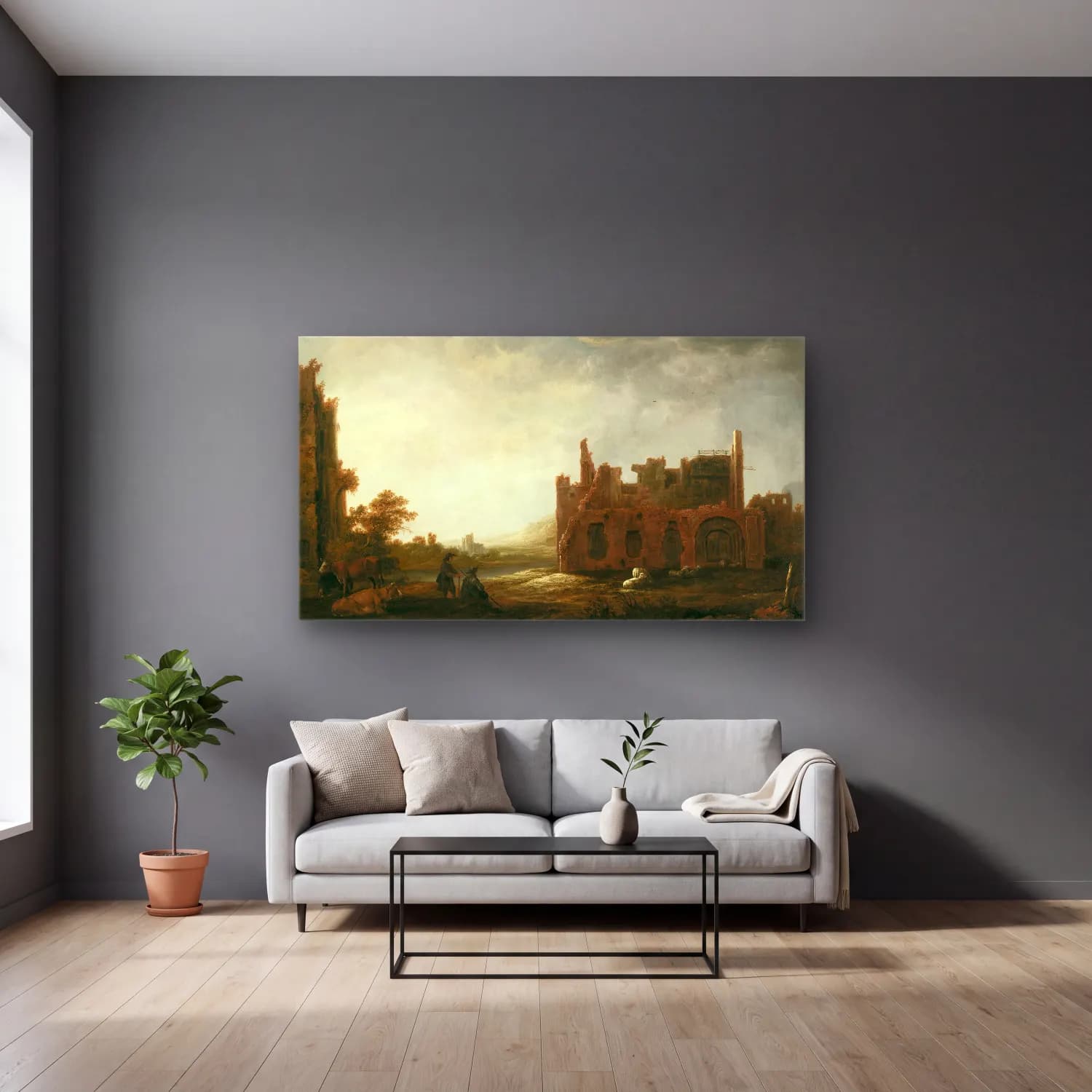 Aelbert Cuyp – Landscape with the Ruins of Rijnsburg Abbey (ca. 1645) cam tablo — gri duvarlı salonda