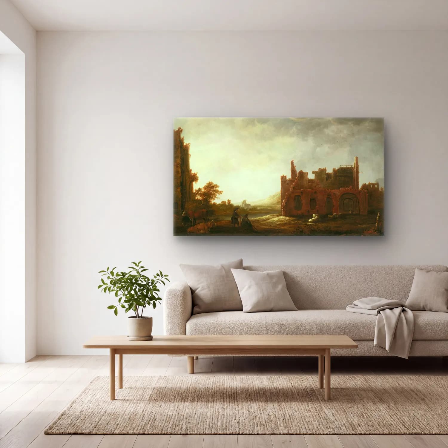 Aelbert Cuyp – Landscape with the Ruins of Rijnsburg Abbey (ca. 1645) cam tablo — açık renk salonda