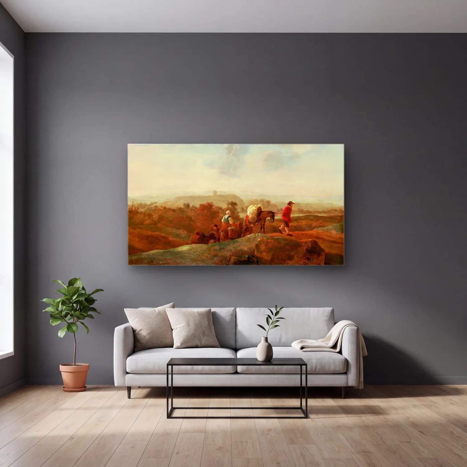 Aelbert Cuyp – Migrating Peasants in a Southern Landscape cam tablo — gri duvarlı salonda