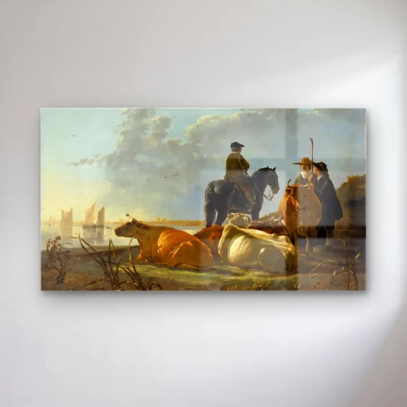 Aelbert Cuyp – Peasants and Cattle by the River Merwede cam tablo — Aelbert Cuyp – Peasants and Cattle by the River Merwede — yağlı boya atlı