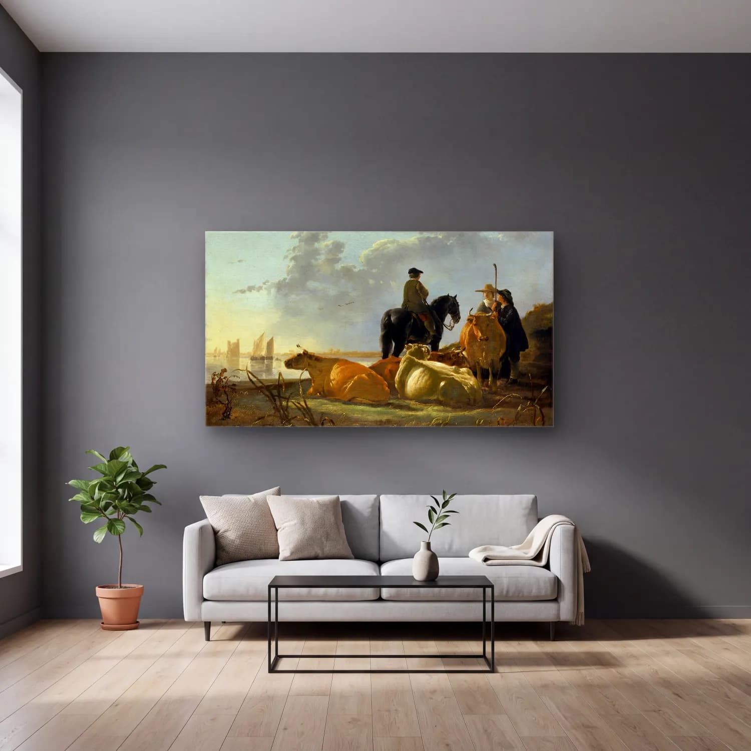 Aelbert Cuyp – Peasants and Cattle by the River Merwede cam tablo — gri duvarlı salonda