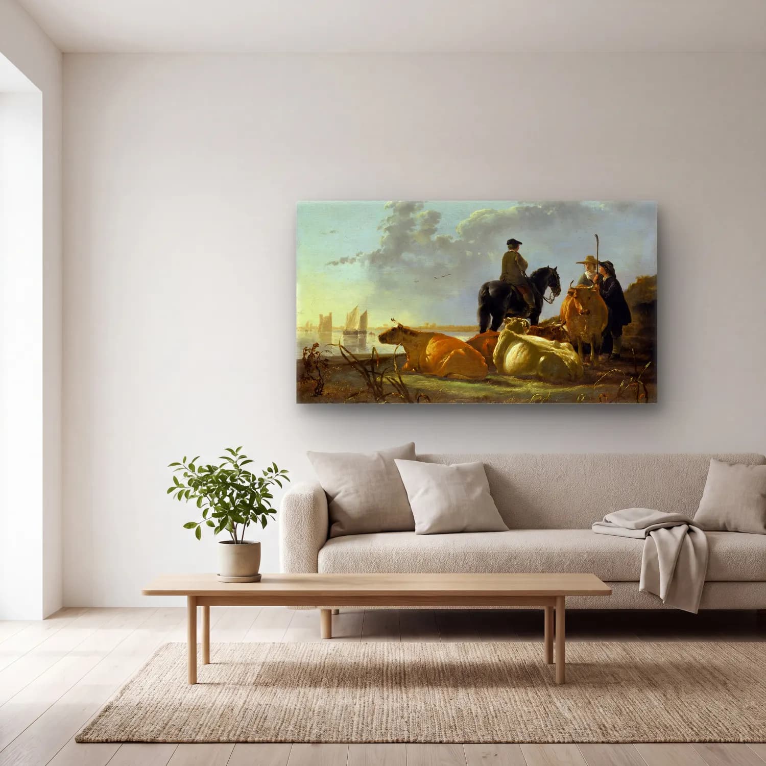 Aelbert Cuyp – Peasants and Cattle by the River Merwede cam tablo — açık renk salonda