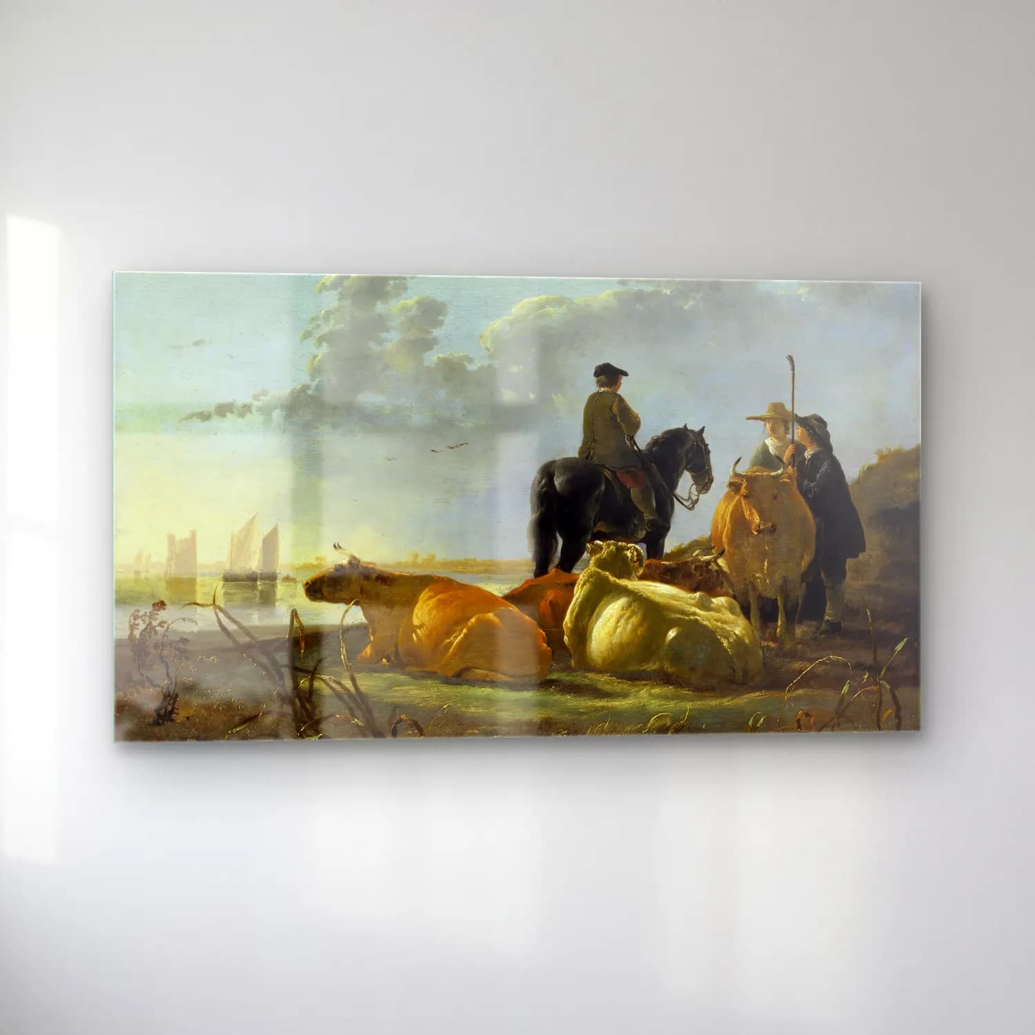 Aelbert Cuyp – Peasants and Cattle by the River Merwede cam tablo — sol açıdan görünüm