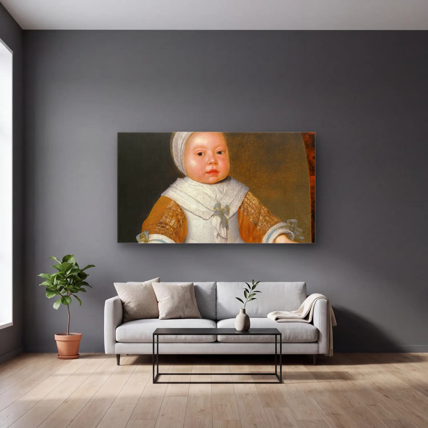 Aelbert Cuyp – Portrait Of A One-Year-Old Girl Of The Van Der Burch Family cam tablo — gri duvarlı salonda