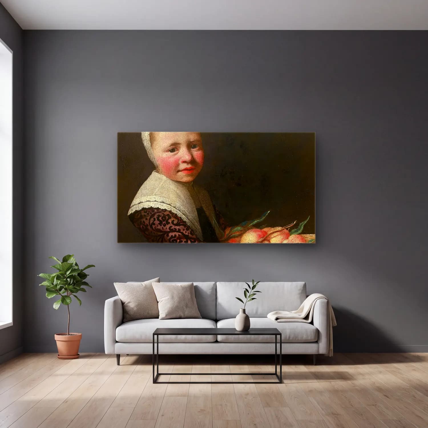 Aelbert Cuyp – Portrait of a Girl with Peaches cam tablo — gri duvarlı salonda