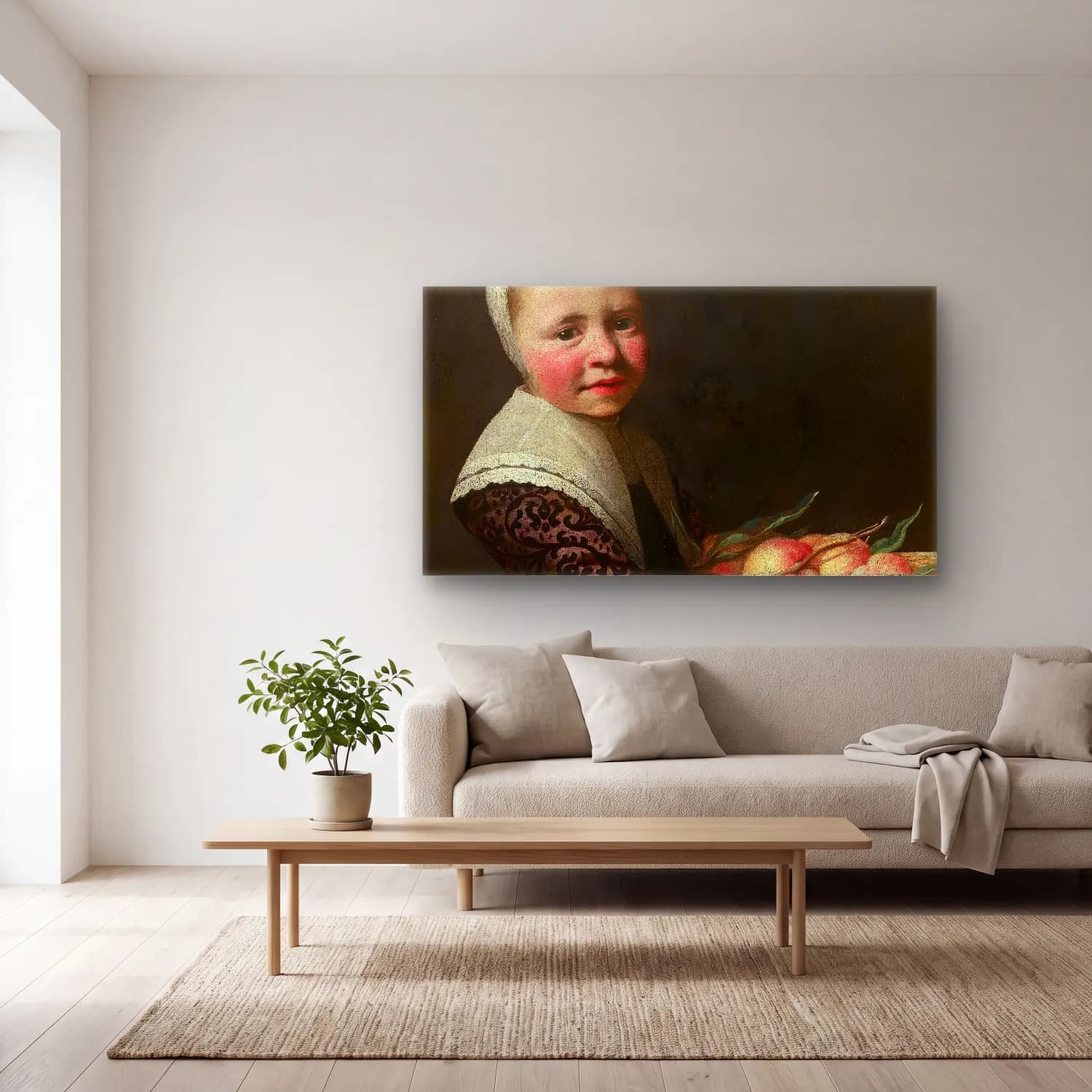 Aelbert Cuyp – Portrait of a Girl with Peaches cam tablo — açık renk salonda